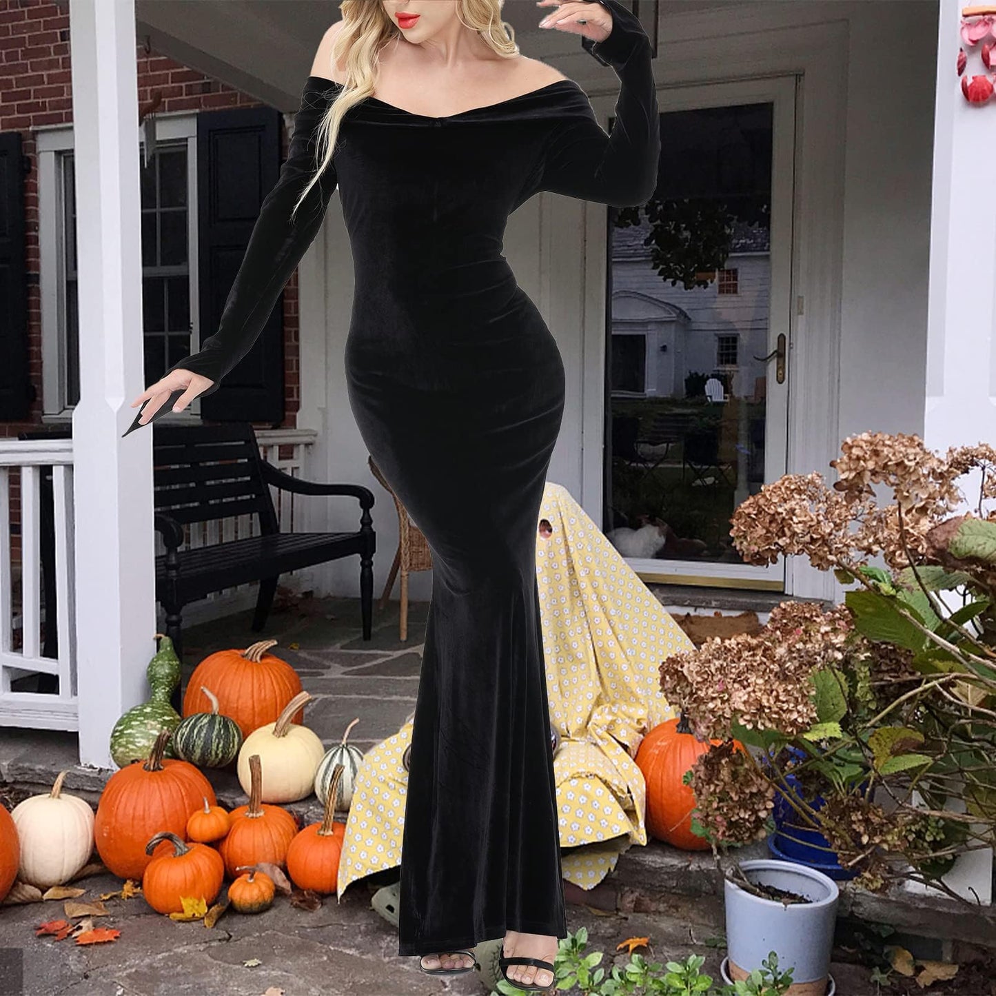 LVCBL Fashion Halloween Carnival Dress Wednesday Addams Costume Women Stretchy Long Cocktail Mermaid Prom L Black