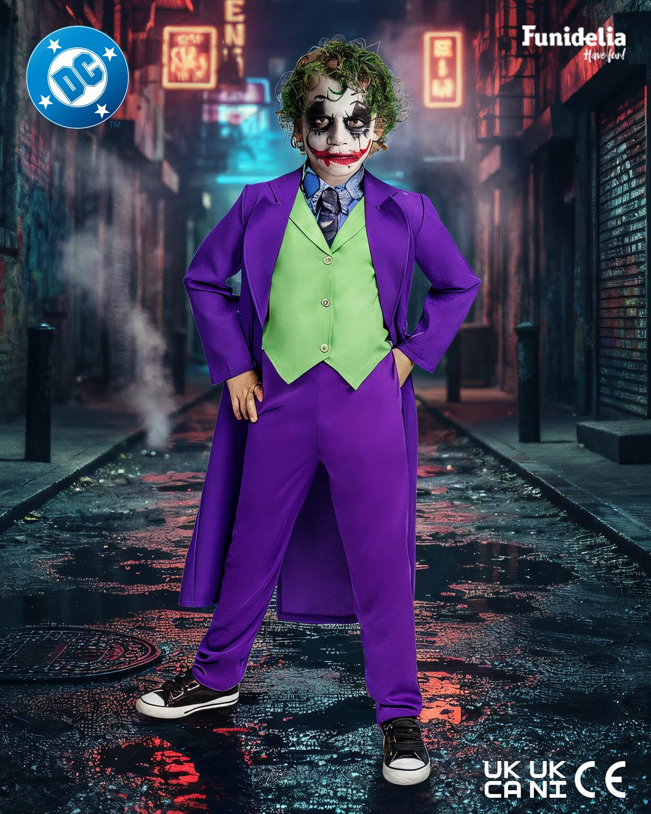 Funidelia Official Joker Costume for Kids, Includes jacket, vest with collar, tie and trousers, Size 3-4 years, Superheroes, DC Comics - Costume for Kids for parties, Carnival and Halloween