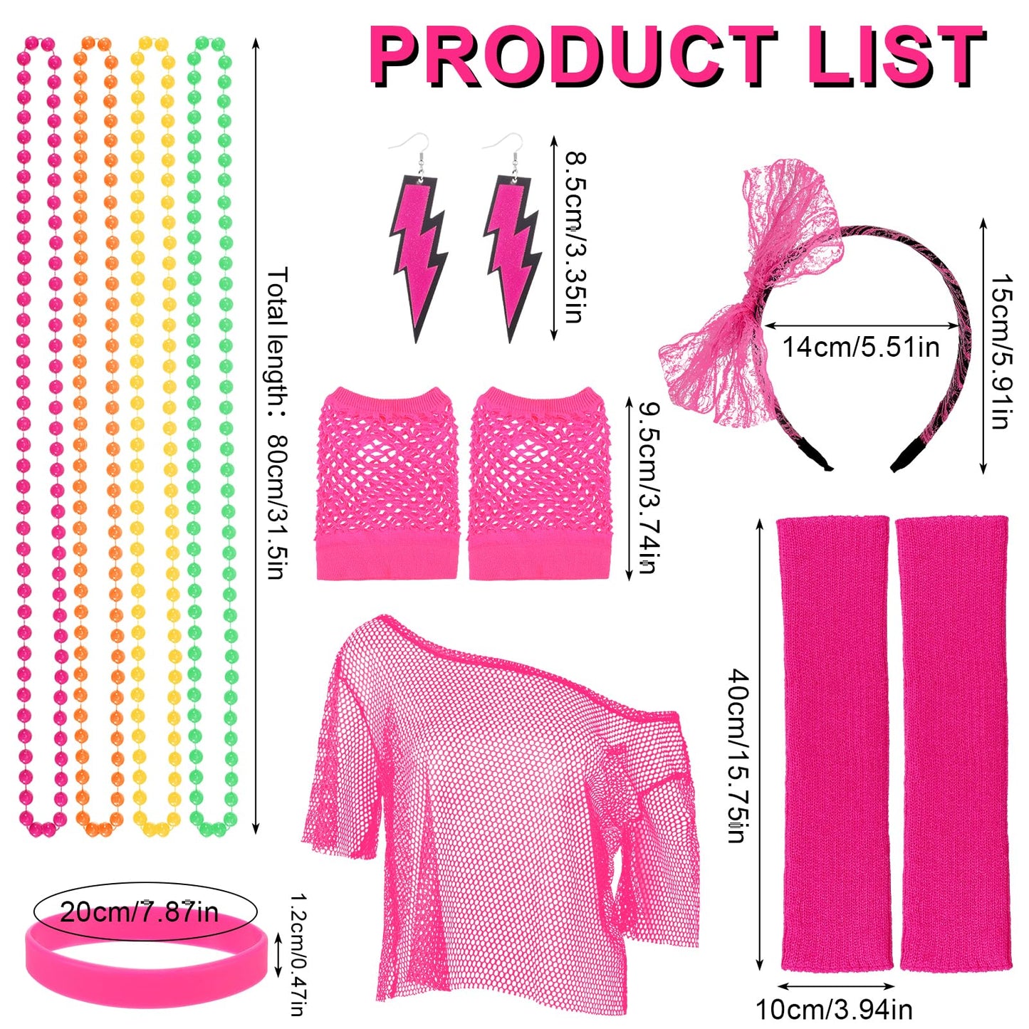 FRIUSATE 80s Fancy Party Costume Accessories Set,Pink Halloween Costumes for Girls,80s Fancy Dress Costumes Accessories with Headband Gloves Leg Warmers Necklace Bracelet Earrings Mesh T-shirt