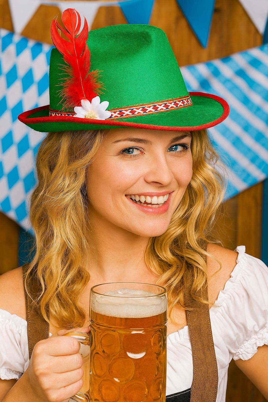 Boland Adult Tyrolean Hat Green – Traditional Oktoberfest Headwear with Feather & Flower – Bavarian Fancy Dress German Hat for Men & Women – Carnival Costume Oktoberfest Accessories