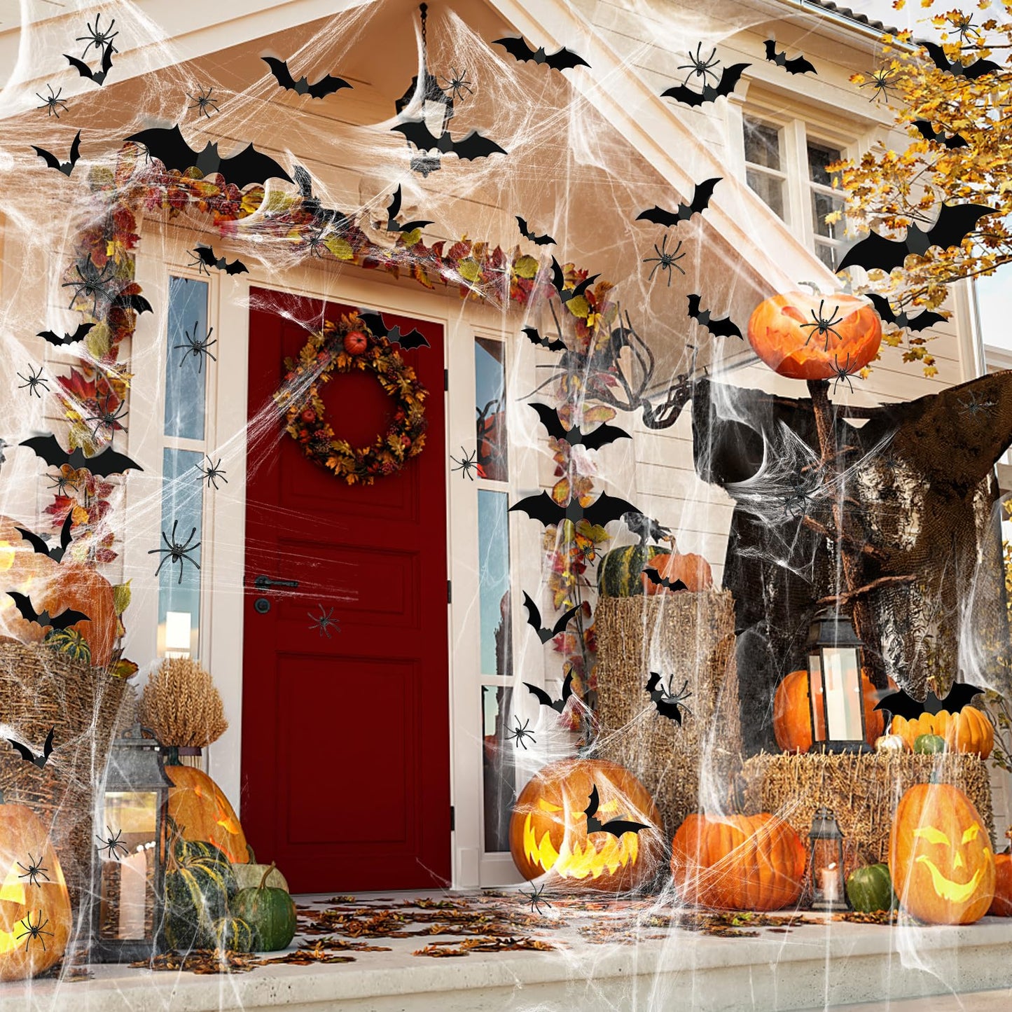 1200 sqft Halloween Spider Webs &120pcs Fake bats 50pcs Fake Spiders Super Stretch Cobwebs for Halloween Theme Decoration Party Supplies