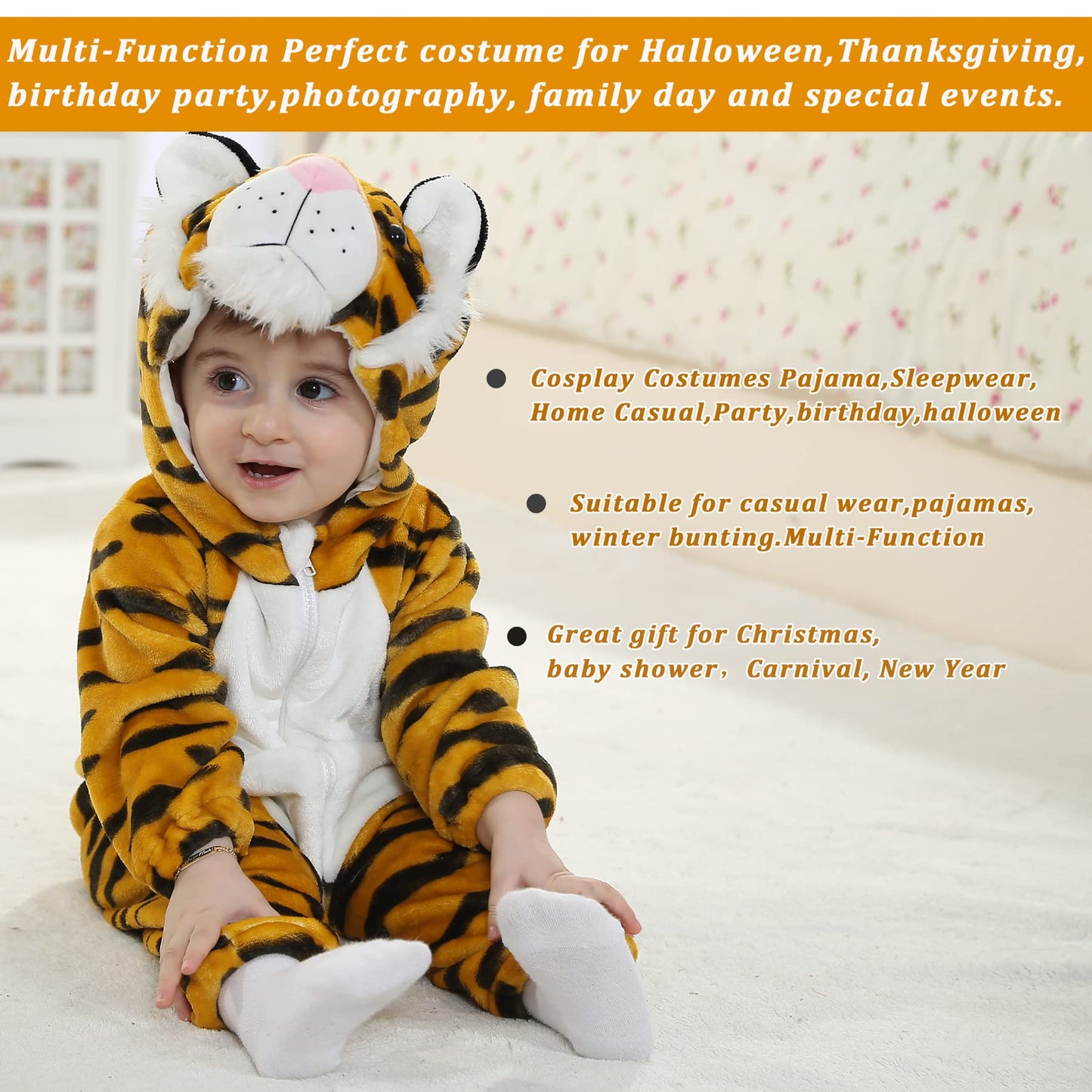 Doladola Baby's Hooded Onesie Cartoon Animal Romper Baby Loungewear Newborn Outfits Jumpsuit(0-3 Months,Tiger)
