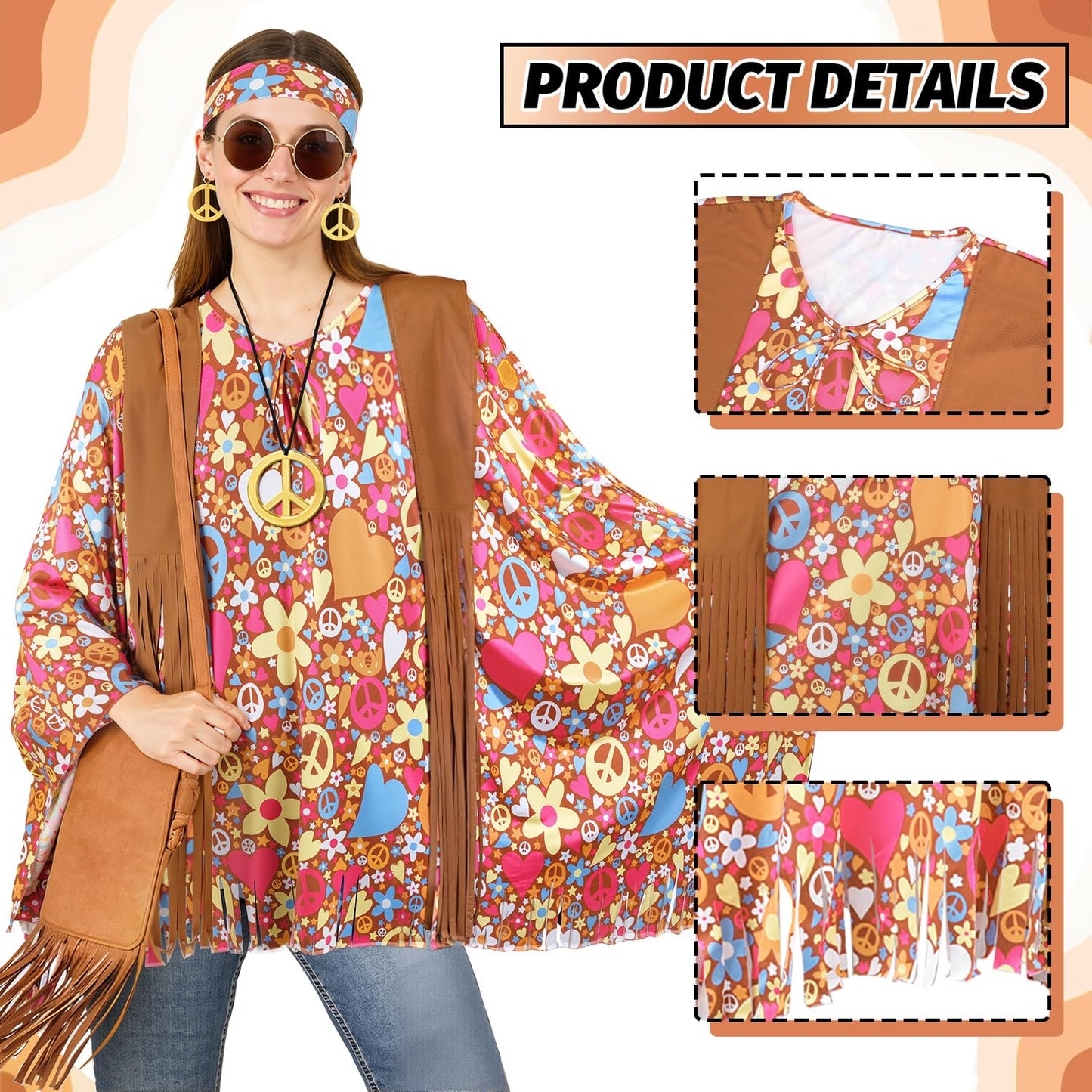 iZoeL 70s Hippie Costumes Women Ladies 1980 Hippie Wigs Boho 70s Costume 80s Accessories 60s Retro Festival Outfit - Sunglasses Peace Necklace Headband- Rock Retro Disco Fancy Dress