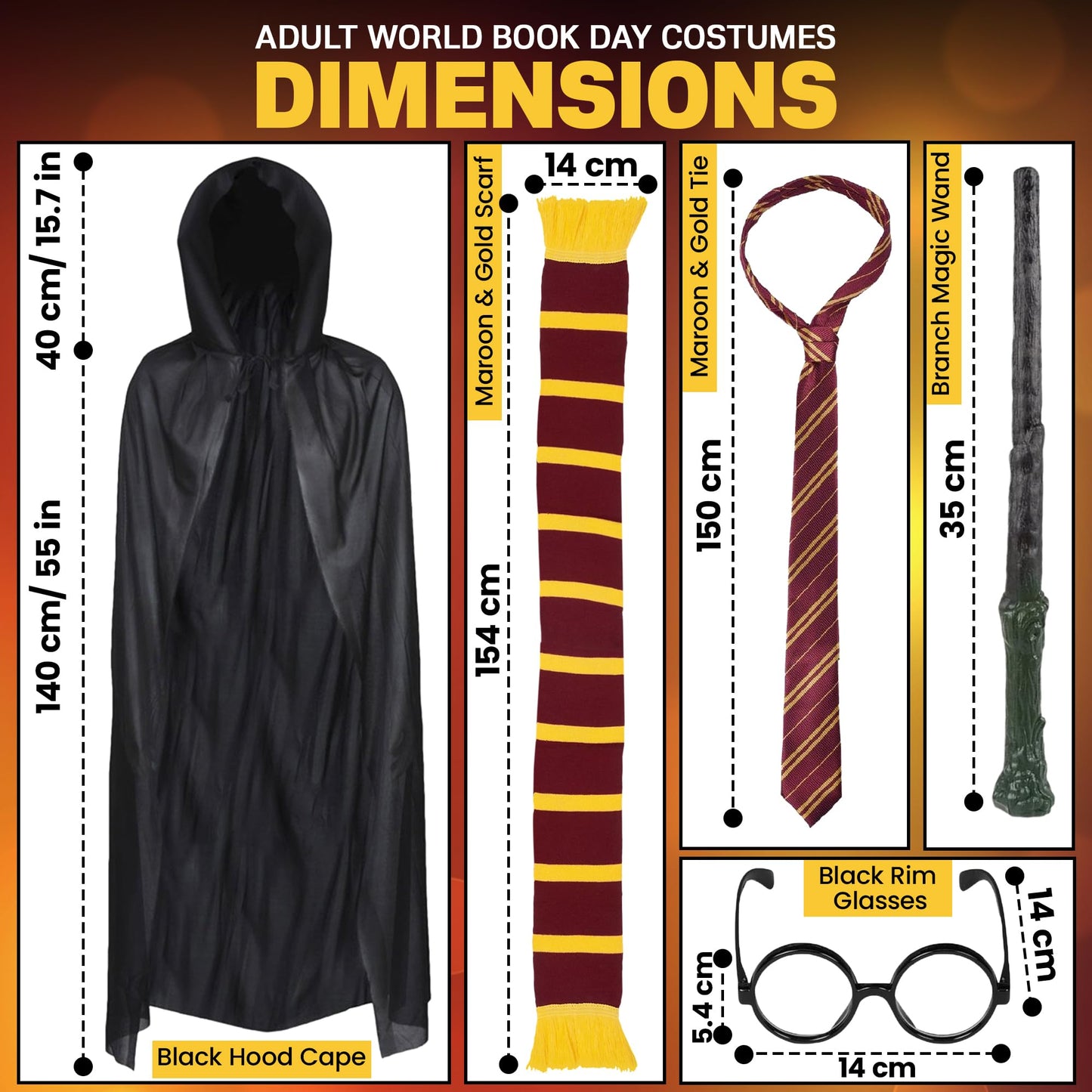 5pc Adult Wizard Costume - Wizard Accessories With Black Hooded Cape, Red and Yellow Scarf, Magic Wand, Red and Yellow Tie, Black Glasses Fancy Dress for World Book Day or Halloween Costumes for Men
