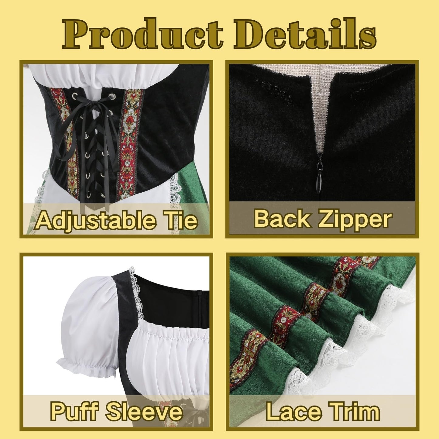 HAPNBCELE Oktoberfest Costume for Womens, German Dirndl Dress Puff-Sleeves Traditional Bavarian Carnival Halloween Outfits (Green, X-Large)