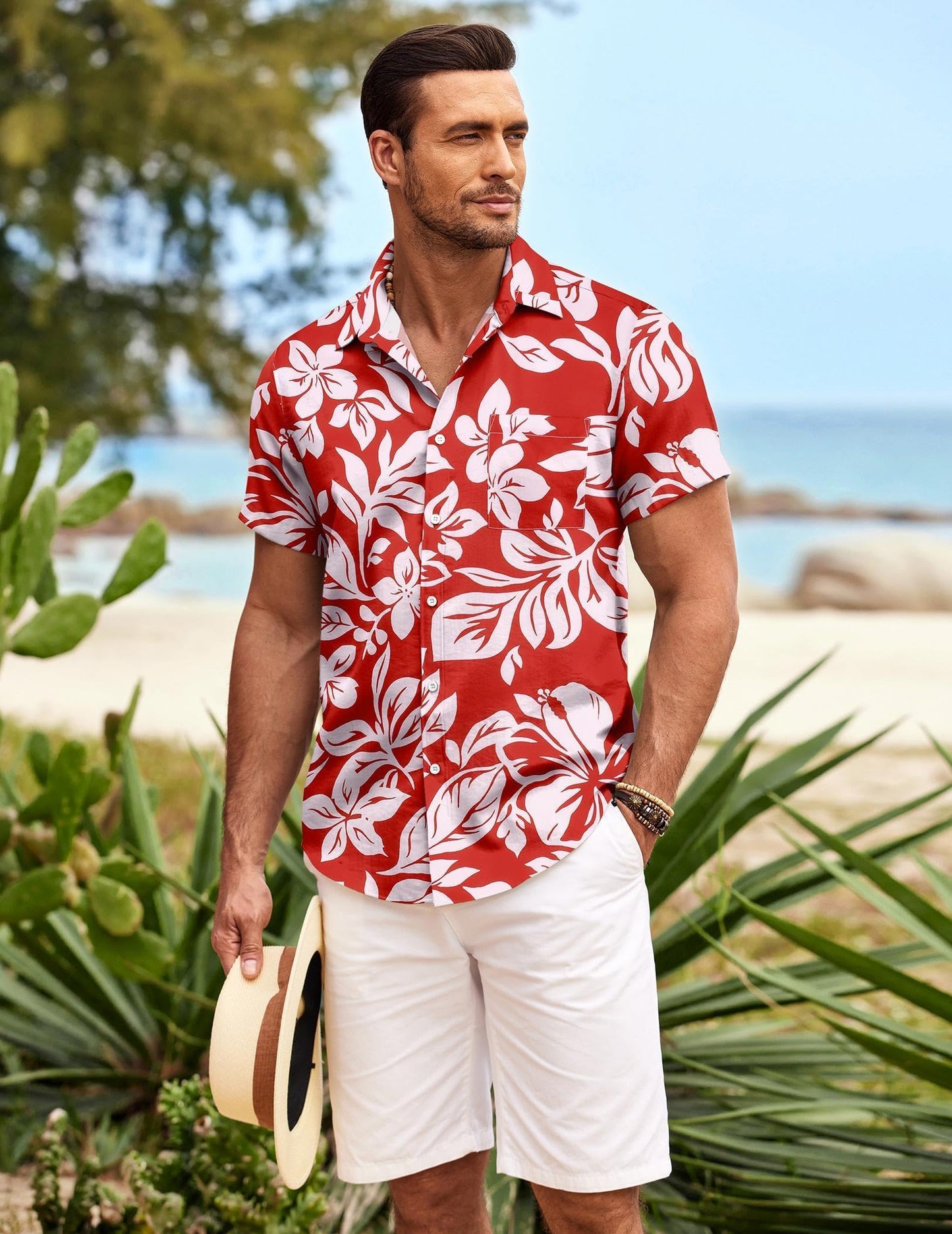 Hawaiian Shirts for Men Short Sleeved Summer Casual Holiday Floral