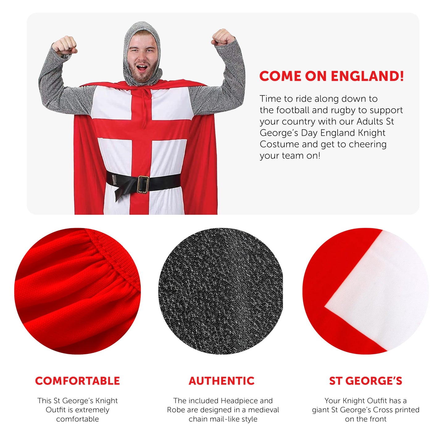 I LOVE FANCY DRESS Adults Knight Costume - XLarge - English Flag Tunic With Black Belt, Red Cape, Chain Mail Armour Headpiece - Perfect for Sporting Events, English Celebrations