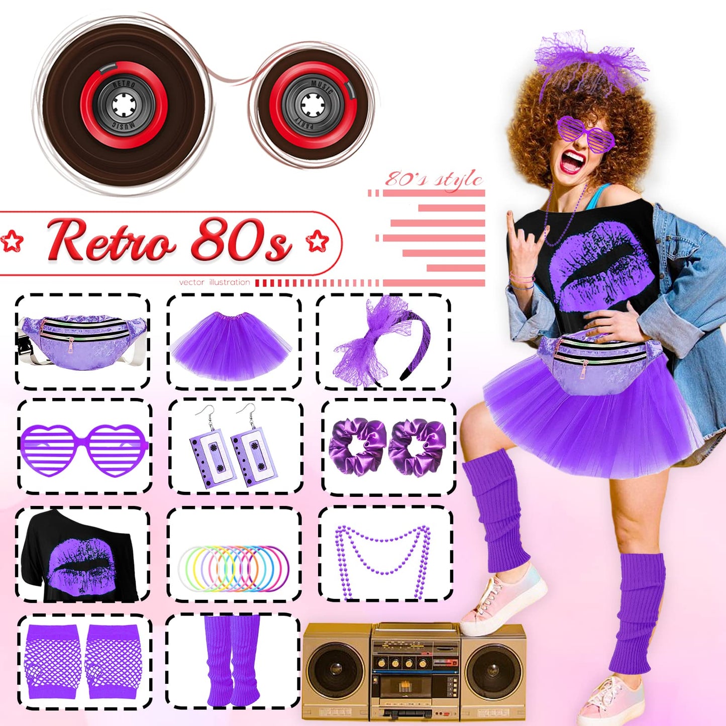 80s Costume Outfits Accessories Set for Women, 1980s Fancy Dress Party Kits with T-shirt Tutu Bumbag Headband Earring Necklace Fishnet Gloves Leg Warmers Glasses Bracelet Scrunchies for Women Dress up