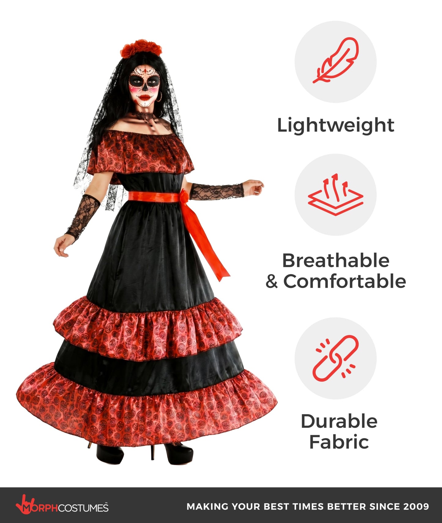 Morph Day Of The Dead Costumes For Women, Dia De Los Muertos Costume Women, Womens Halloween Costume Adult, X-Large