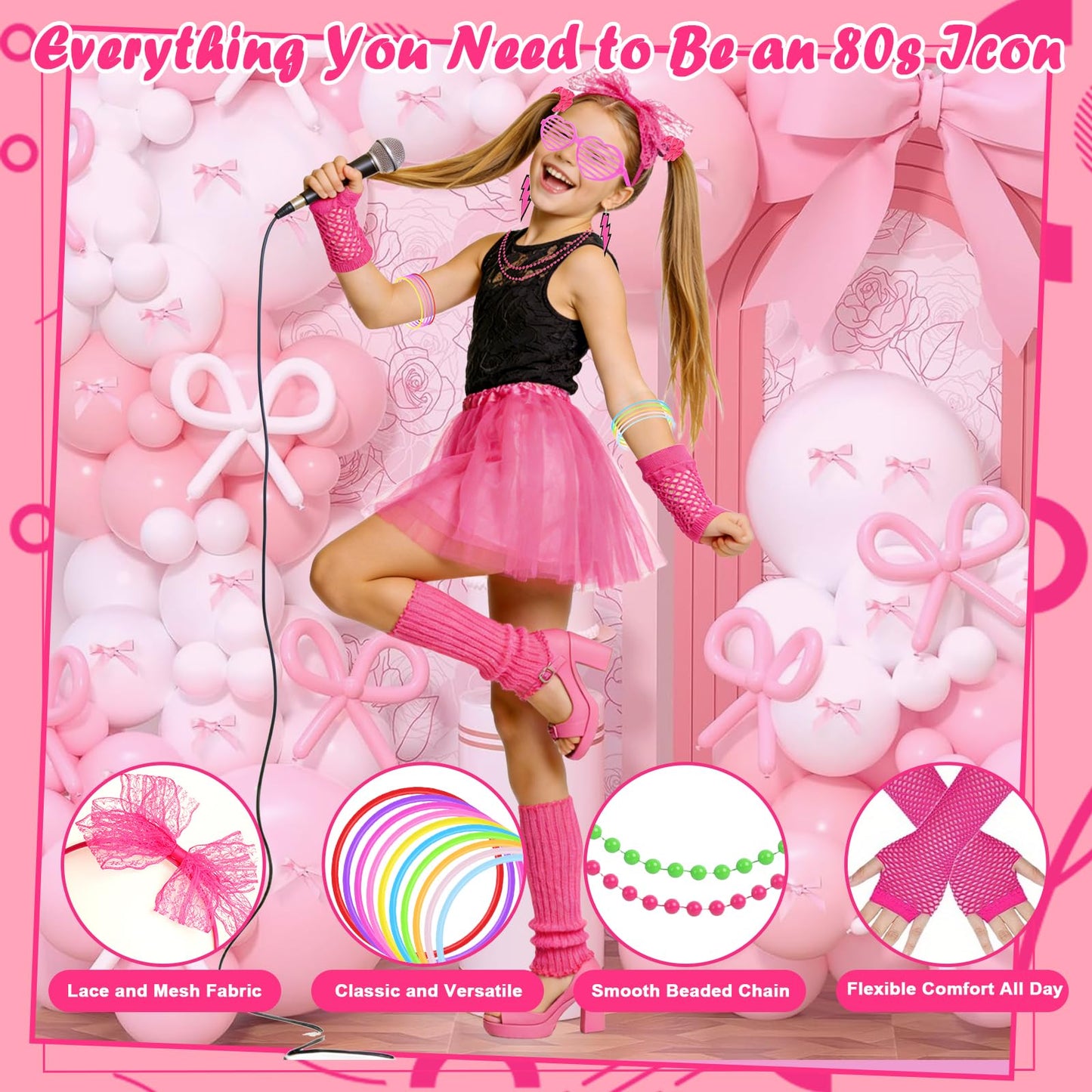 80s Fancy Dress for Women, Complete 21-Piece Retro Party Costume Accessories Set with Tutu Skirt, Fishnet Gloves, Leg Warmers & Headband for 1980s Theme Parties, Retro Party Dress up & Fancy Dress
