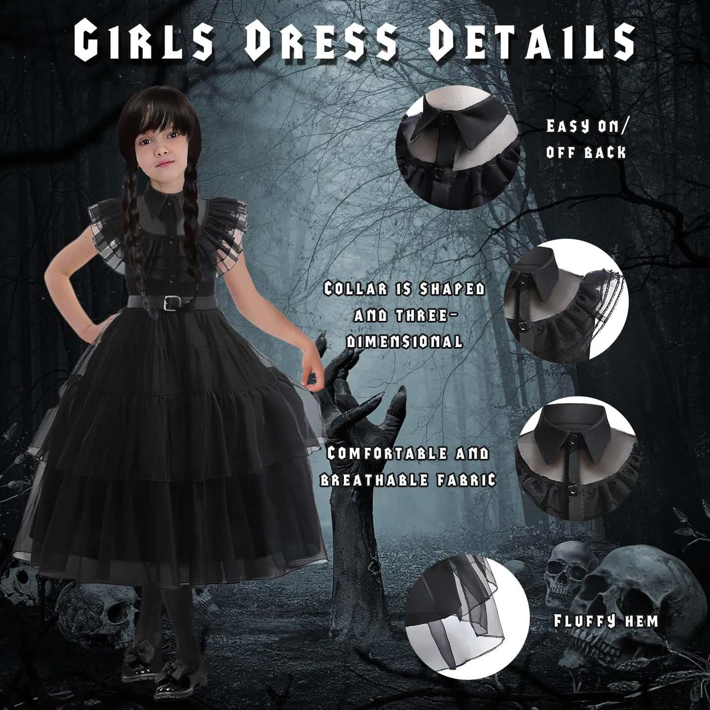 Kitimi Dress110 Black Gothic Dress Up Outfit for Girls, 3-11 Kids Theme Cosplay Costume Girls Party Fancy Dress Accessories with Wig Earrings Bag Socks for Carnival Halloween Party