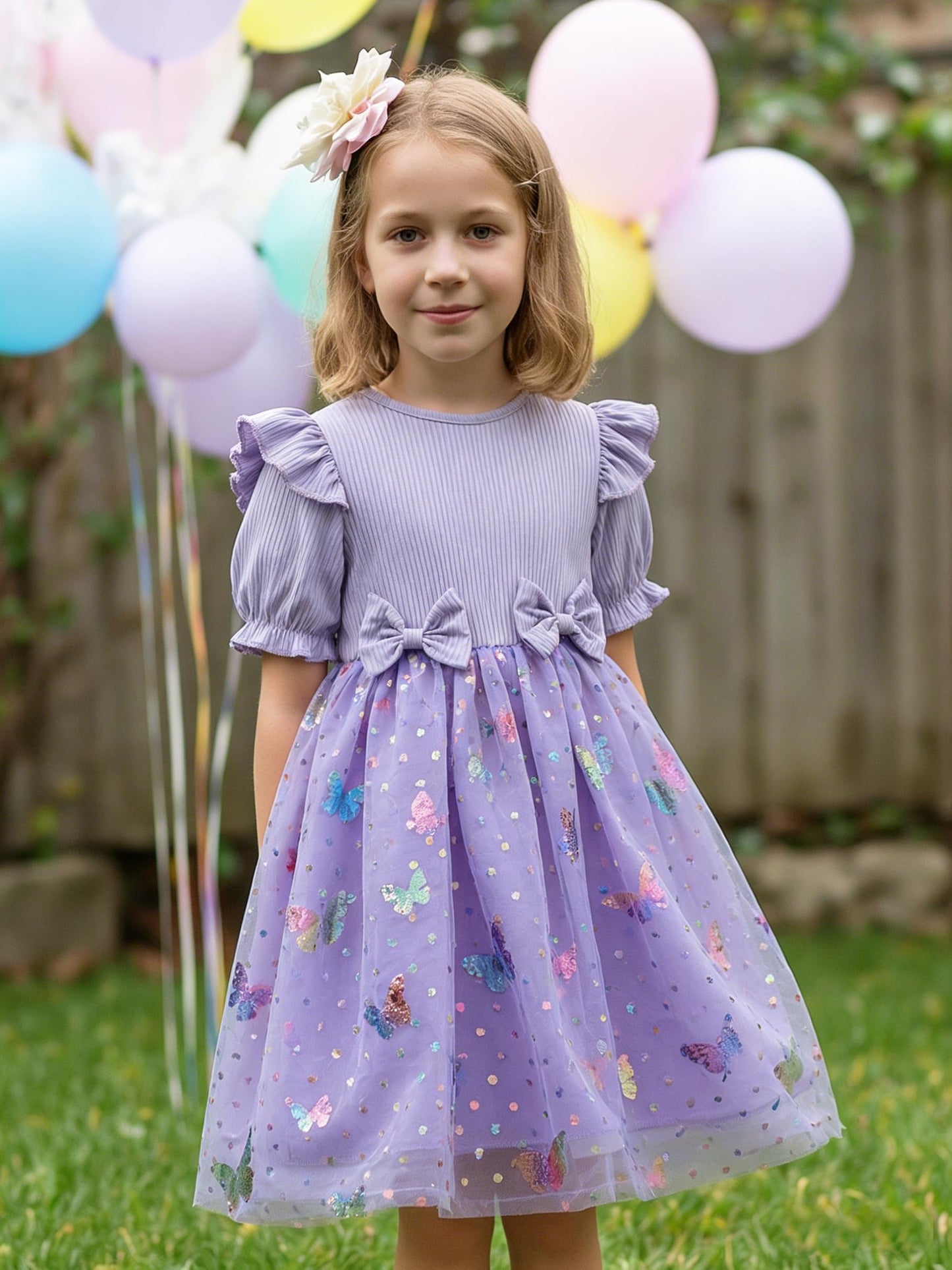 Girls Purple Flower Girl Dress Tulle Tutu Princess Dress Butterfly Dress with Ruffle Sleeves and Bowknot, Birthday Dress for Girls Aged 3 Years, Ideal for Spring Outings and Family Gatherings