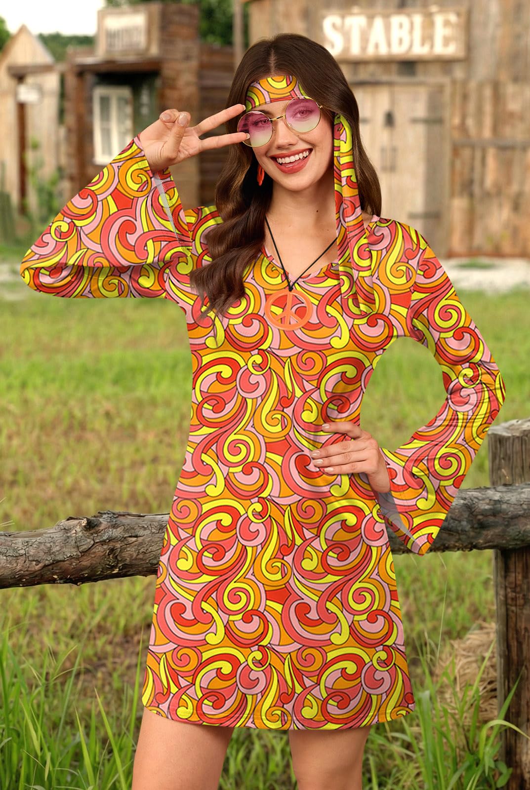 For G and PL Women's Summer Flare Sleeve 70s Hippy Fancy Costume Groovy Retro Dress Orange M
