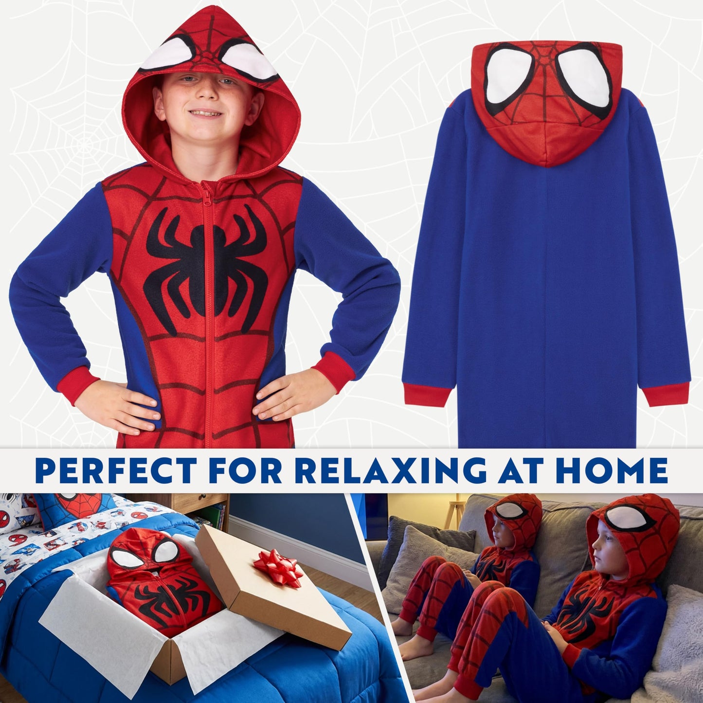 Marvel Spiderman Onesie for Boys, All in One Fleece Pyjamas, Hooded Jumpsuit Loungewear, Cosy Warm Nightwear, Gifts for Boys (5-6 Years, Blue/Red)