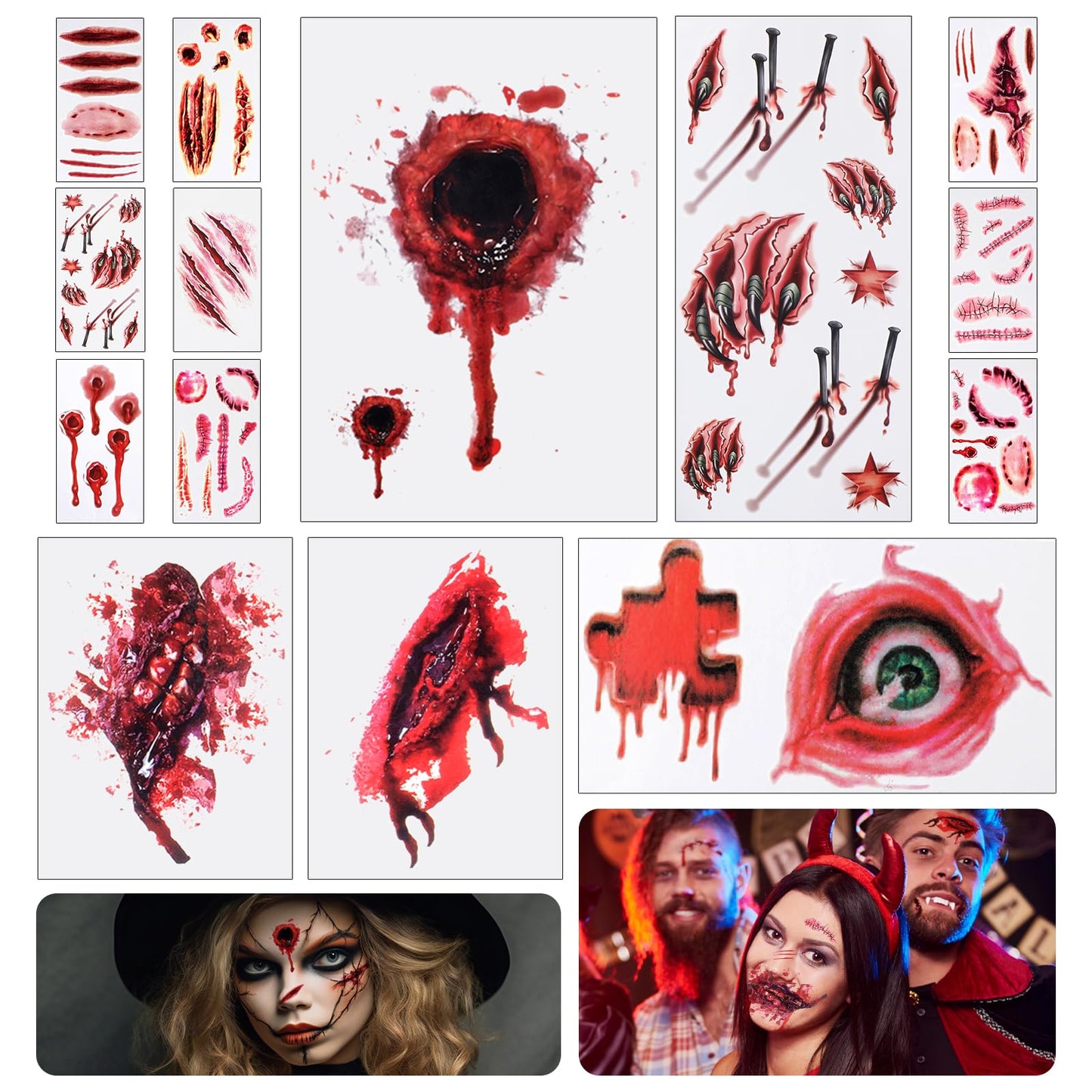 14Sheets Halloween Tattoo Stickers, Scar Temporary Bloody Wound Sticker, Waterproof Zombie Makeovers for Vampire Cosplay Masquerade Prank Makeup Decorations