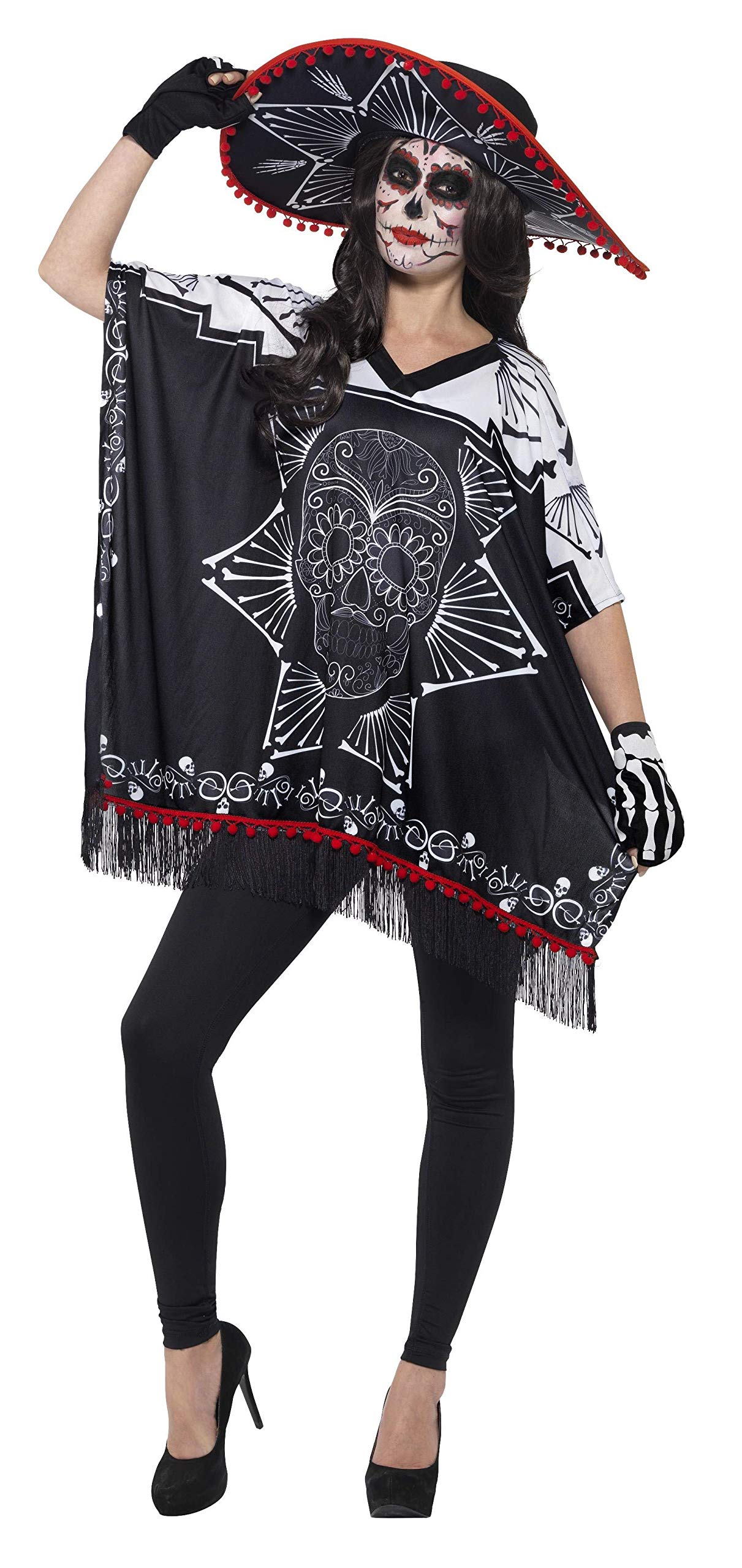 Smiffys Day of the Dead Bandit Costume, Black & White with Poncho, Sombrero & Gloves, Mexican Day of The Dead/Sugar Fancy Dress, Halloween Dress Up Costumes