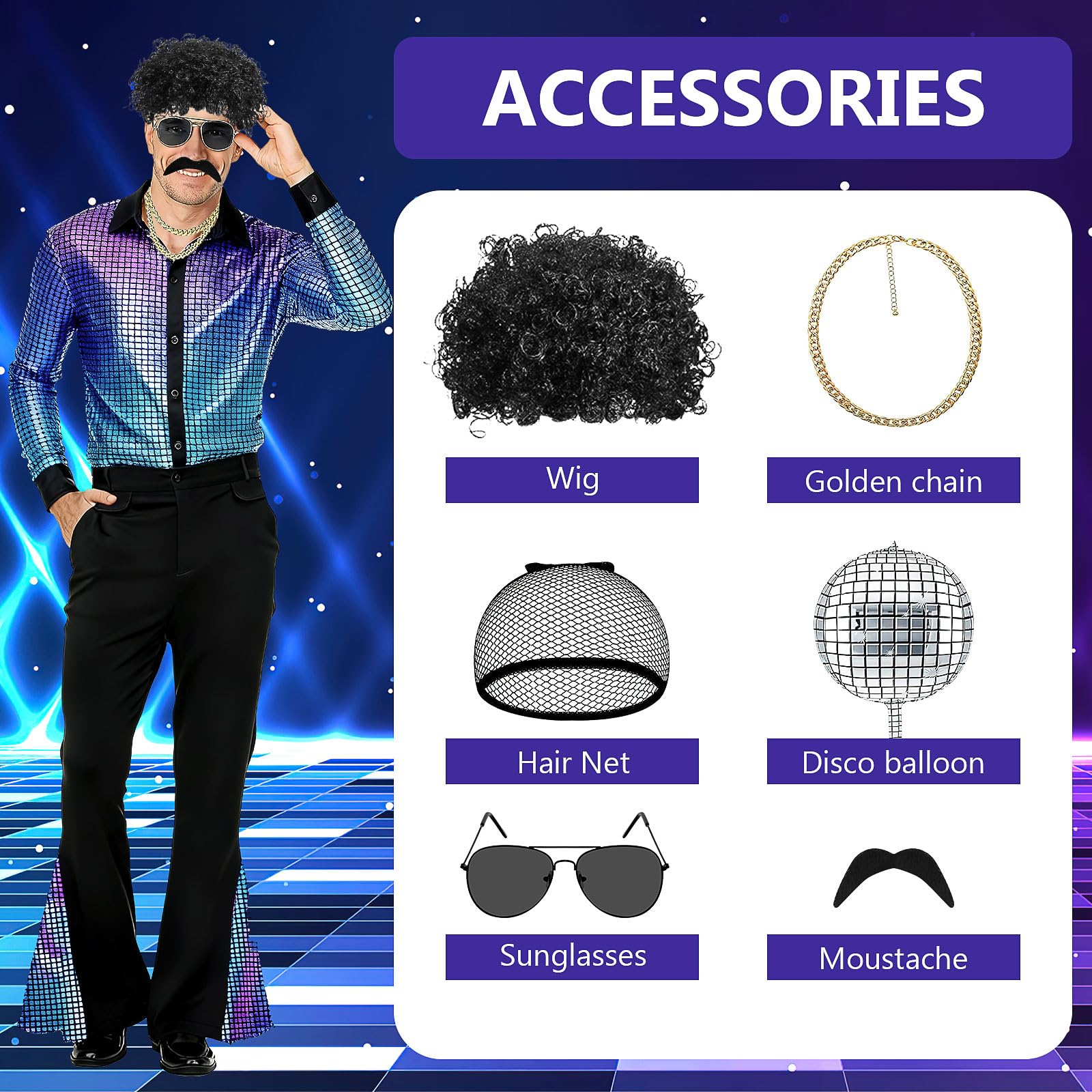70s Disco Outfit for Men 60s Costume with Retro Shirt Bell Bottom (image 5)