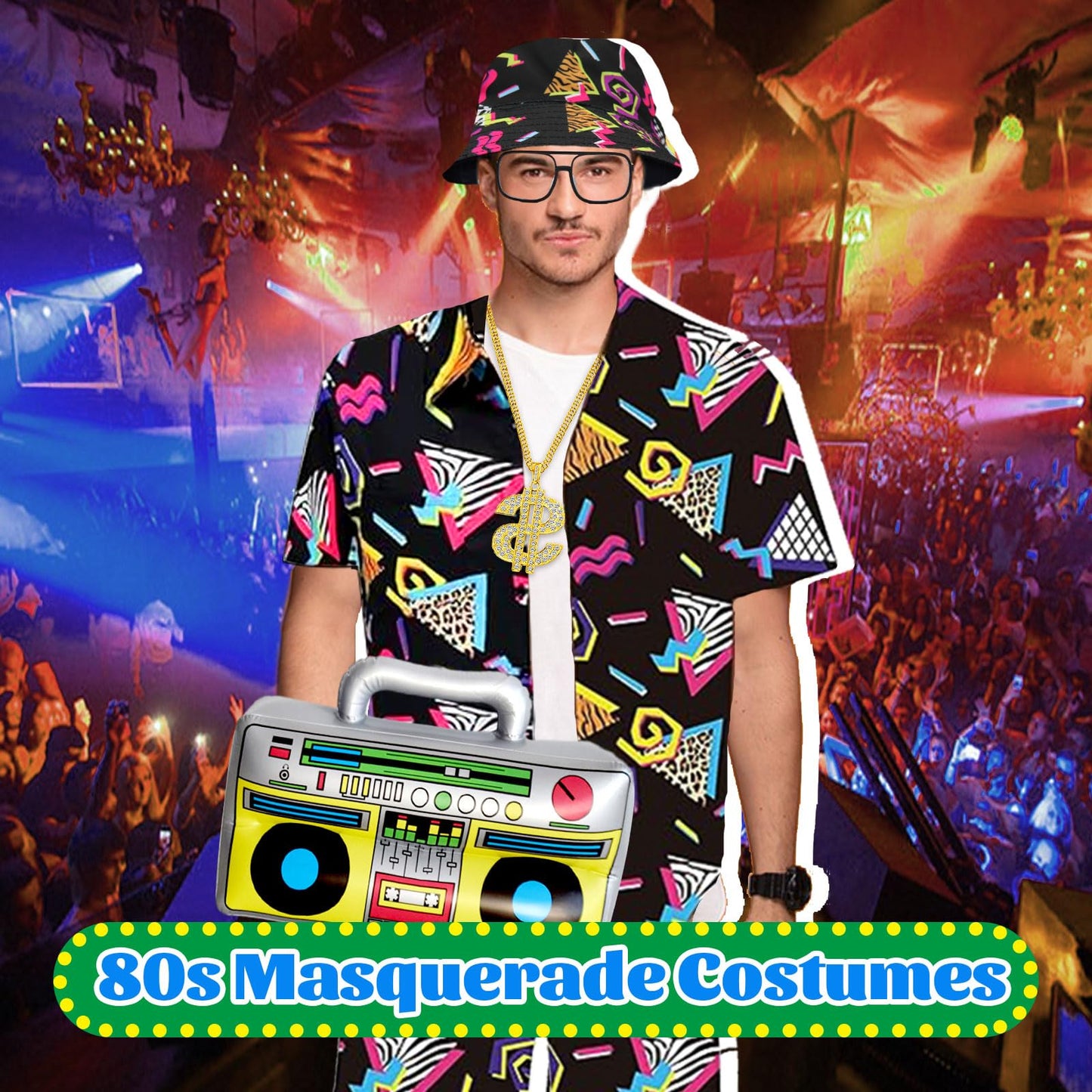 80s Hip Hop Outfit for Adults, Retro Sportswear Shirt & Short Set Includes Hat, Glasses, Necklace, Dollar Ring, Bracelet, Inflatable Radio, Beach Tracksuit for 80s Themed Party, Halloween, Carnival