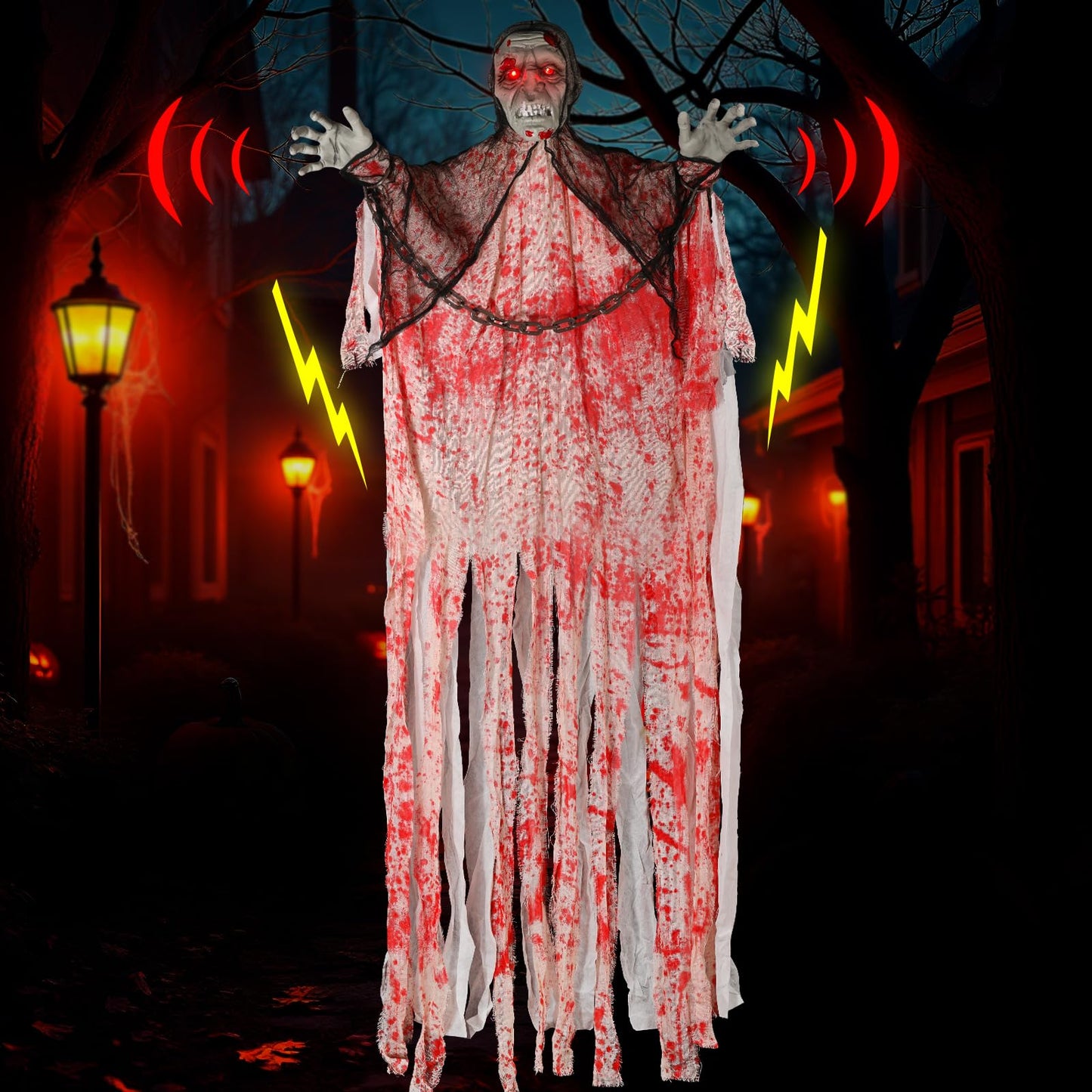 79” Halloween Hanging Chain Ghost Decorations Outdoor, Talking Ghost Decor Light Up Eyes Sound Activated, Outside Indoor Decoration for Lawn Yard Garden White