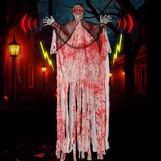 79-inch talking Halloween chain ghost with light-up eyes and sound activation