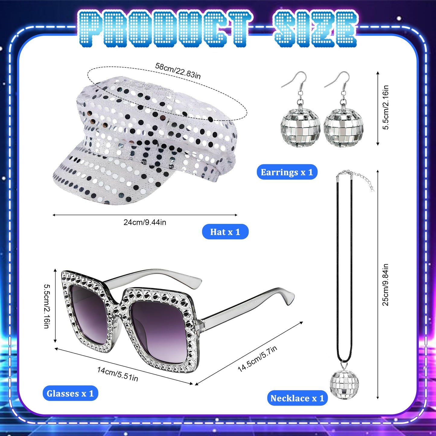Bryndo 5 Pcs 70s Fancy Dress Set for Women, Disco Costume Accessories with Pop Poncho Sequin Beret Hat Square Bling Sunglasses Earrings Necklace for 70s Theme Party Dress Up (Sliver)