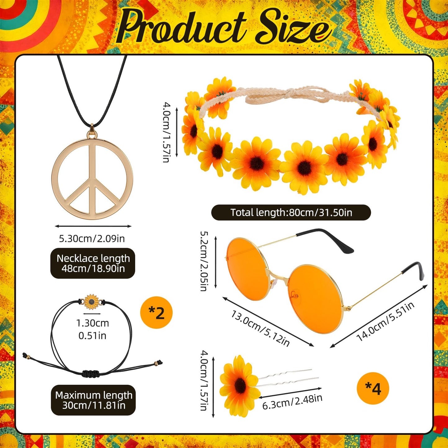 GSrenyu 9 PCS Hippie Accessories, Hippie Costume for Women Includes Sunflower Headband, Flower Sunglasses, Daisy Hair Fork, Sunflower Bracelet, Peace Sign Necklace for 70s 80s Fancy Dress