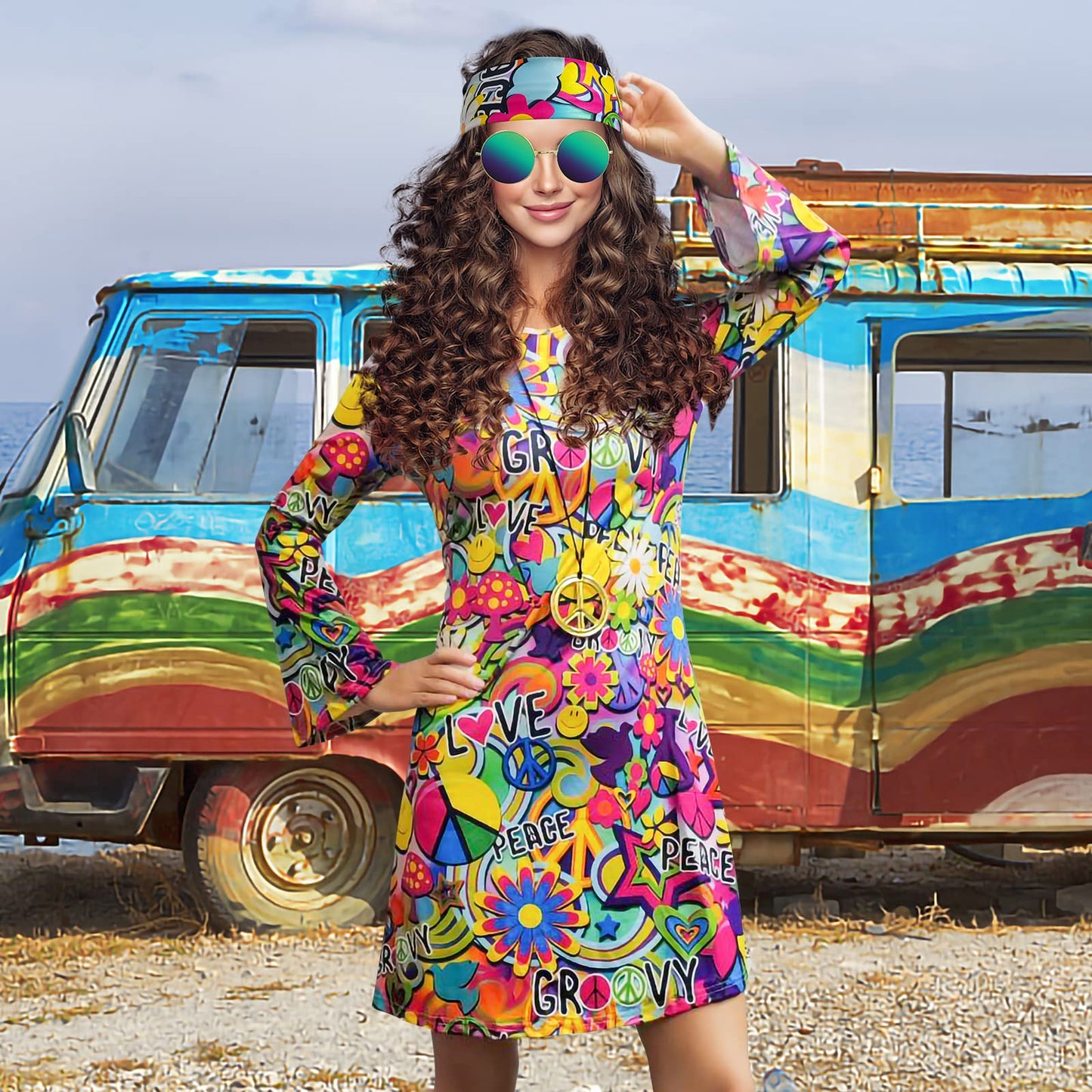 MRYUWB 70s Hippie Dress Costumes Necklace Earrings Sunglass Women Disco Outfit, 60s Party Costume, Halloween Retro Dresses (Love and Peace, 3XL) (F0154)