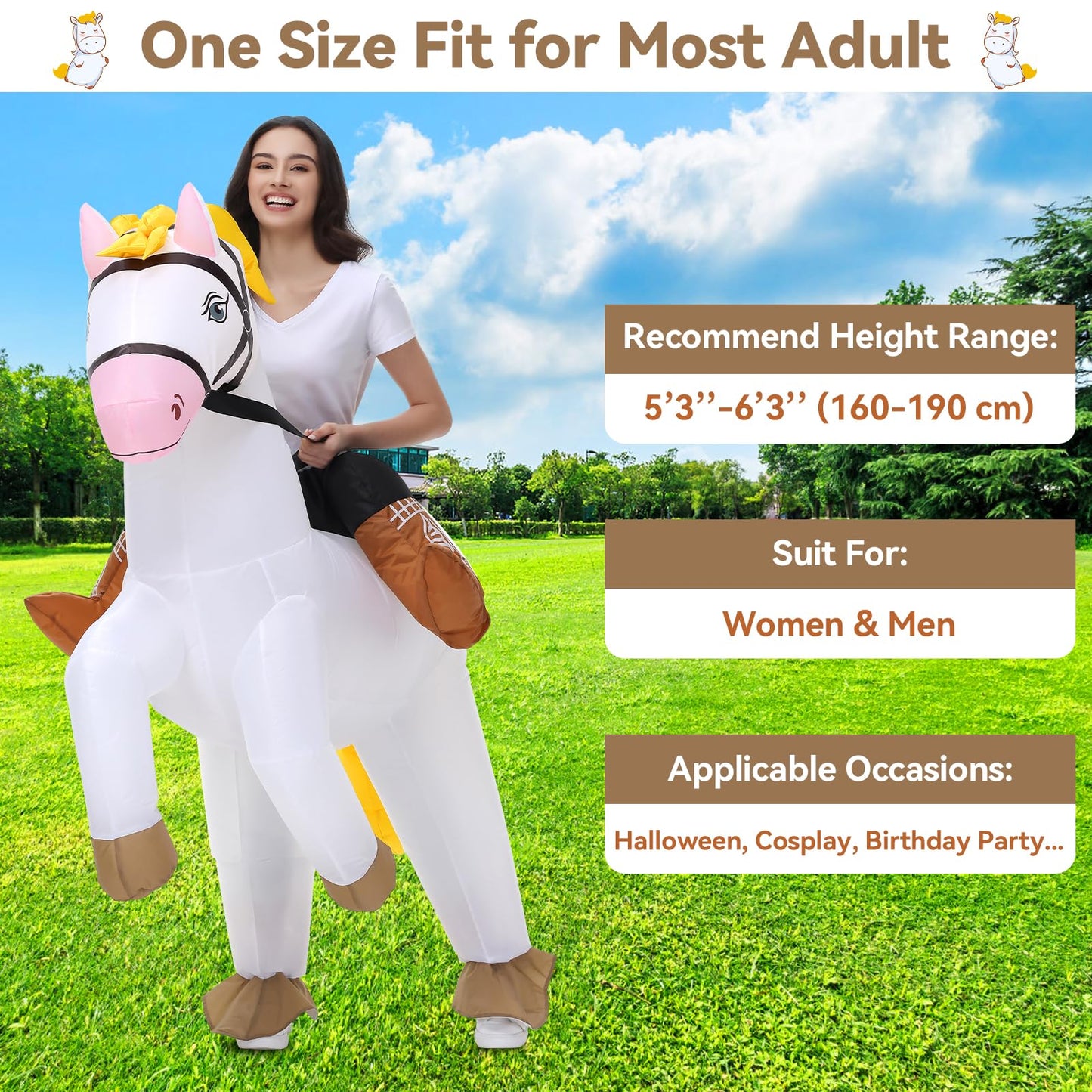 Poptrend Couple Inflatable Horse Costume for Adult, New Ride on Horse Blow Up Costume for Double Men Women Halloween Cosplay Party