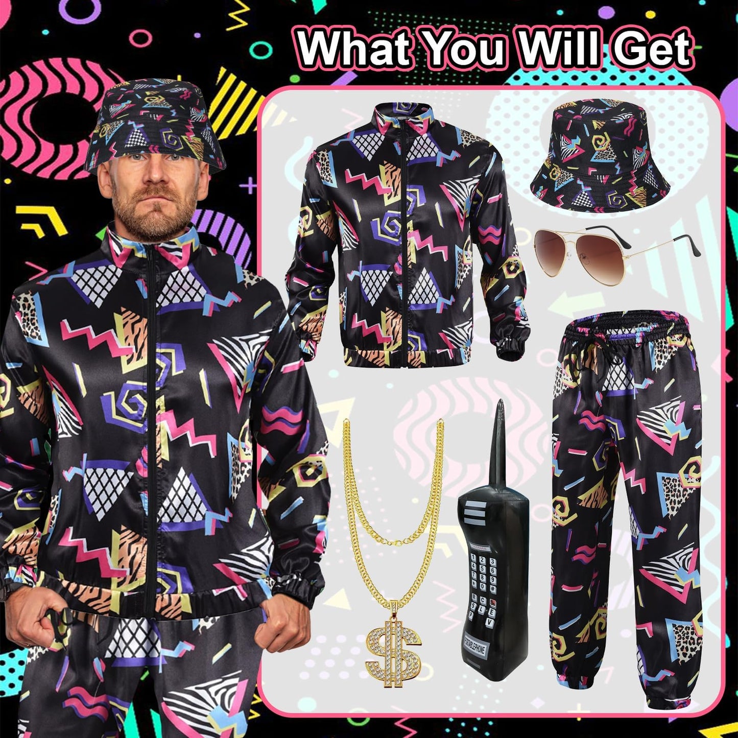 80s 90s Fancy Dress Men with Accessories, Retro 80s 90s Hip Hop Outfit for Adults, 80s Fancy Dress Set with 1 Sportswear Shirt Pant Hat Necklace Balloon Glasses, for 80s Party Carnival Rave (L)