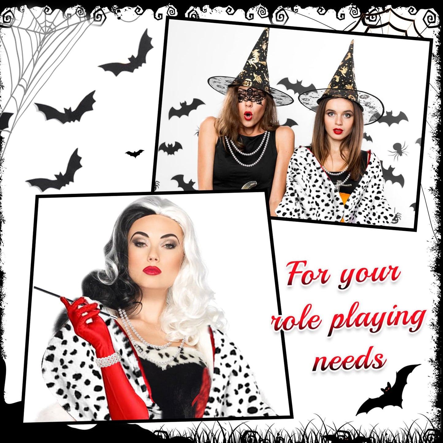 UxClishe 7 Pcs Cruella Costume Accessories Set, Cruella Fancy Dress Kit with Cape Gloves Wig for World Book Day