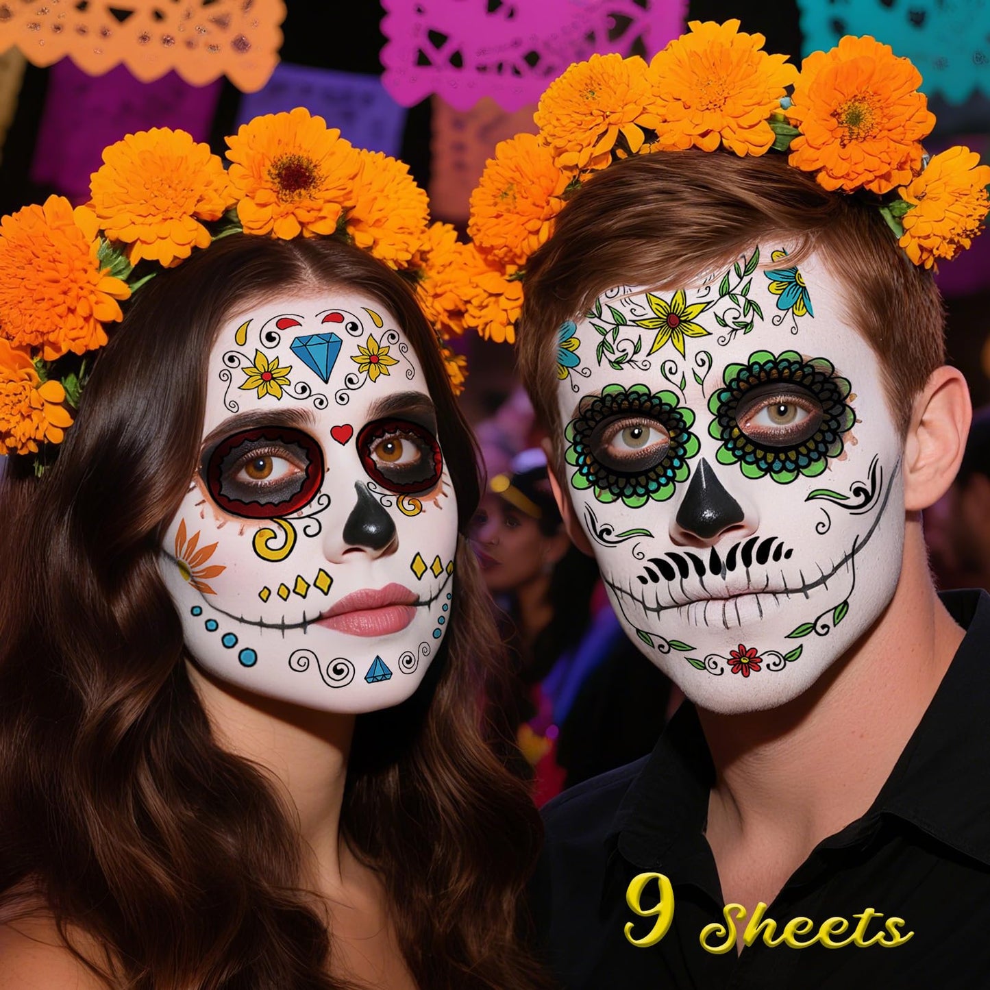 Leesgel Day of the Dead Costumes Face Tattoo, 9 Sheets Temporary Tattoos Stickers for Day of the Dead Mask Face Paint Makeup Accessories, Dia de Los Muertos Halloween Decorations