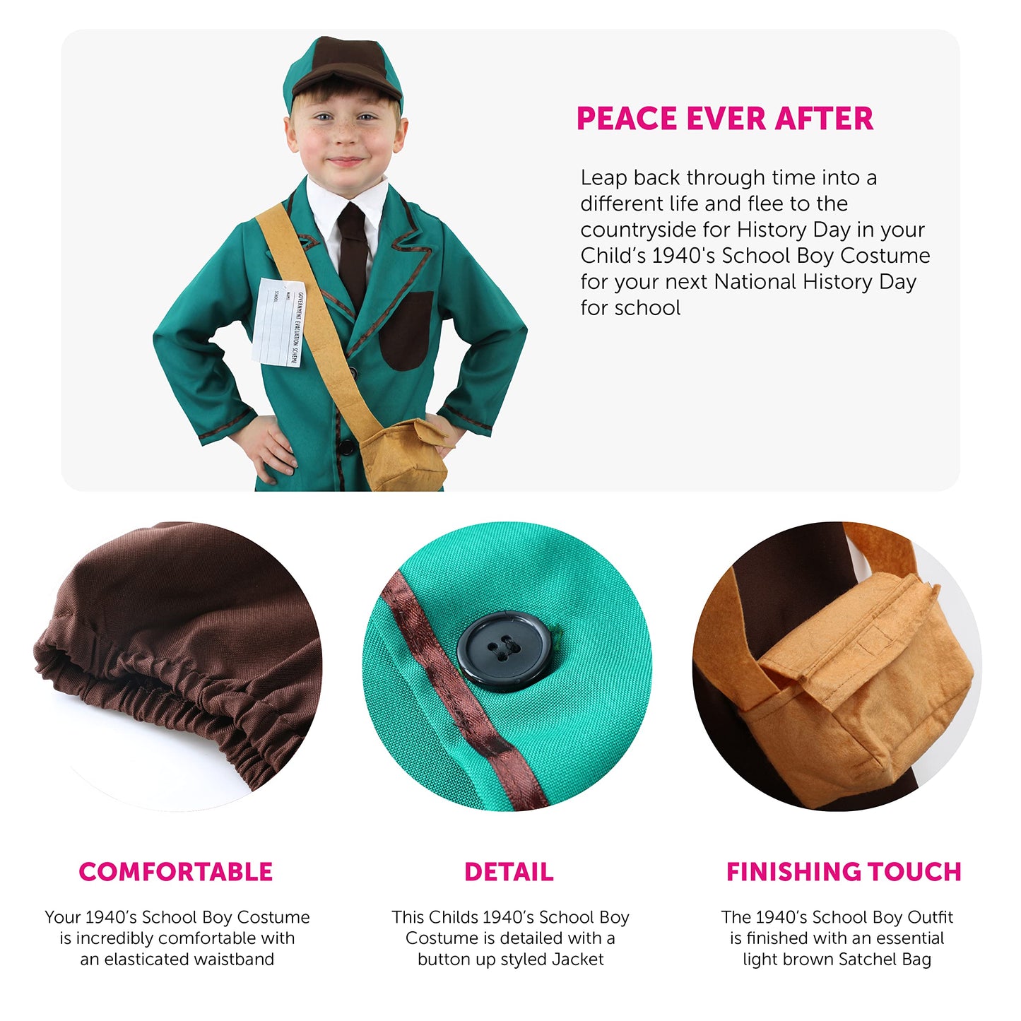 Childs 1940s Schoolboy Costume - Medium - Blue and Brown Jacket with Matching Hat, Brown Trousers and Satchel - Boys TV Movie World Book Day Fancy Dress Costume
