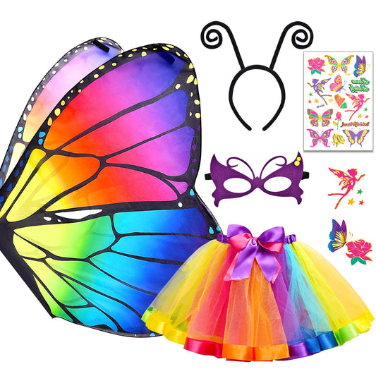 Tacobear Kids Butterfly Costume for Girls with Butterfly Wings Tutu Skirt Headband Mask Tattoos Butterfly Dress Up Cosplay Set Carnival Halloween Costume (Colorful)