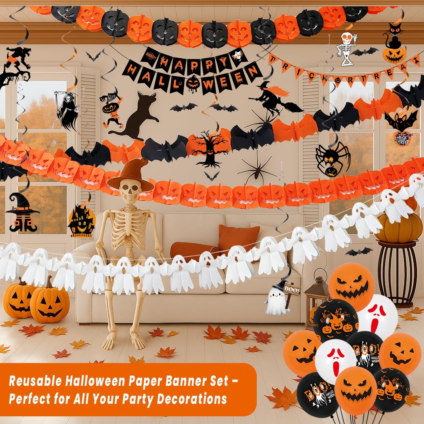 Xyxu Halloween Decorations Indoor Set - Reusable Happy Halloween Decor & Trick or Treat Banners, Ghosts Pumpkin Bat Bunting Garland, Spooky Witch, Skeleton, Spider Hanging Swirl for Party Decorations