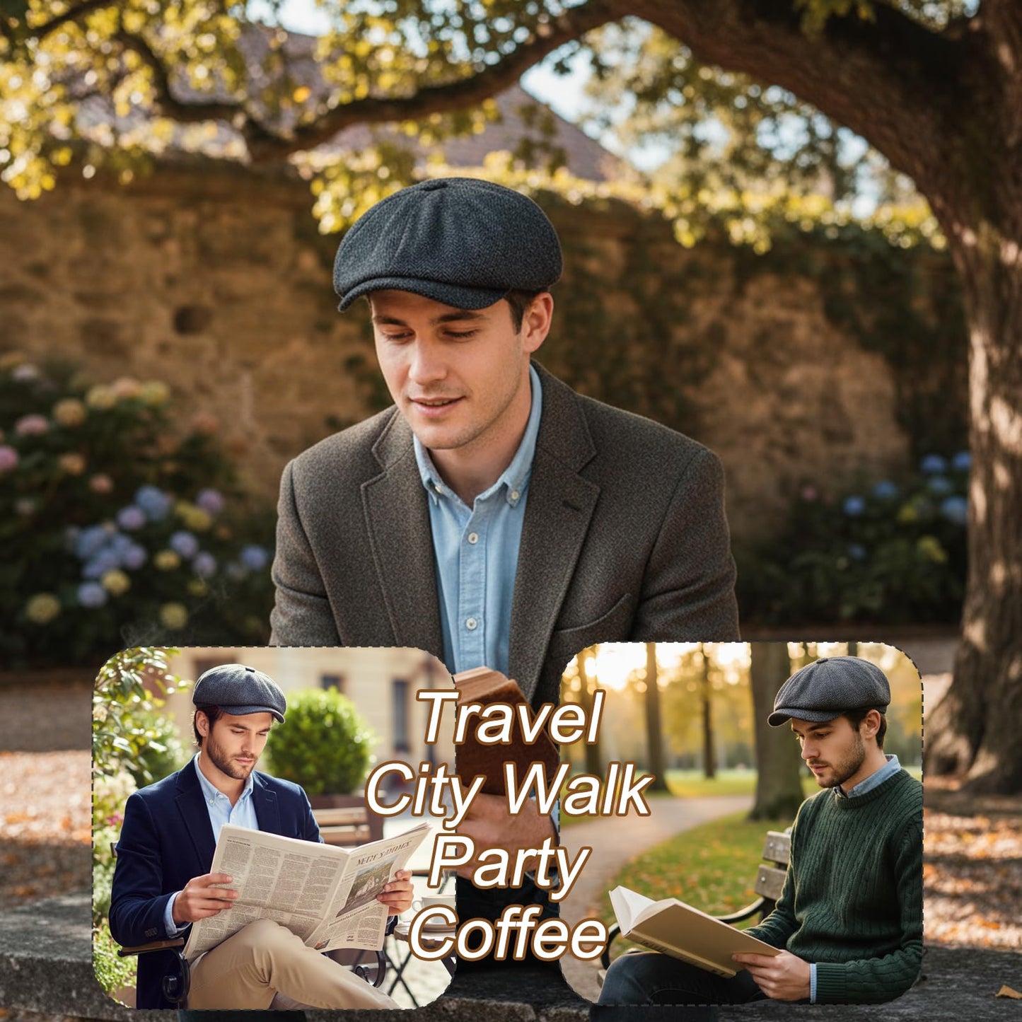 Flat Cap - Peaky Blinders Hat for Men - Black Mens Cap - Adjustable