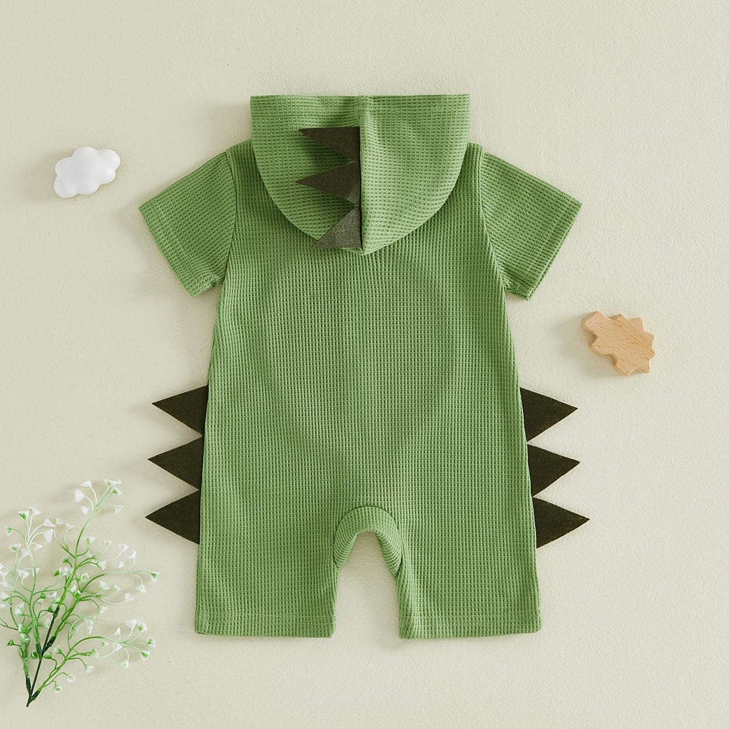 JCOPLY Newborn Baby Boy Romper Infant One Piece Outfit Dinosaur Backbone Decor Short Sleeve Zip Up Hooded Jumpsuit Waffle Overalls Summer Clothes 0-12M (Green, 0-3 Months)