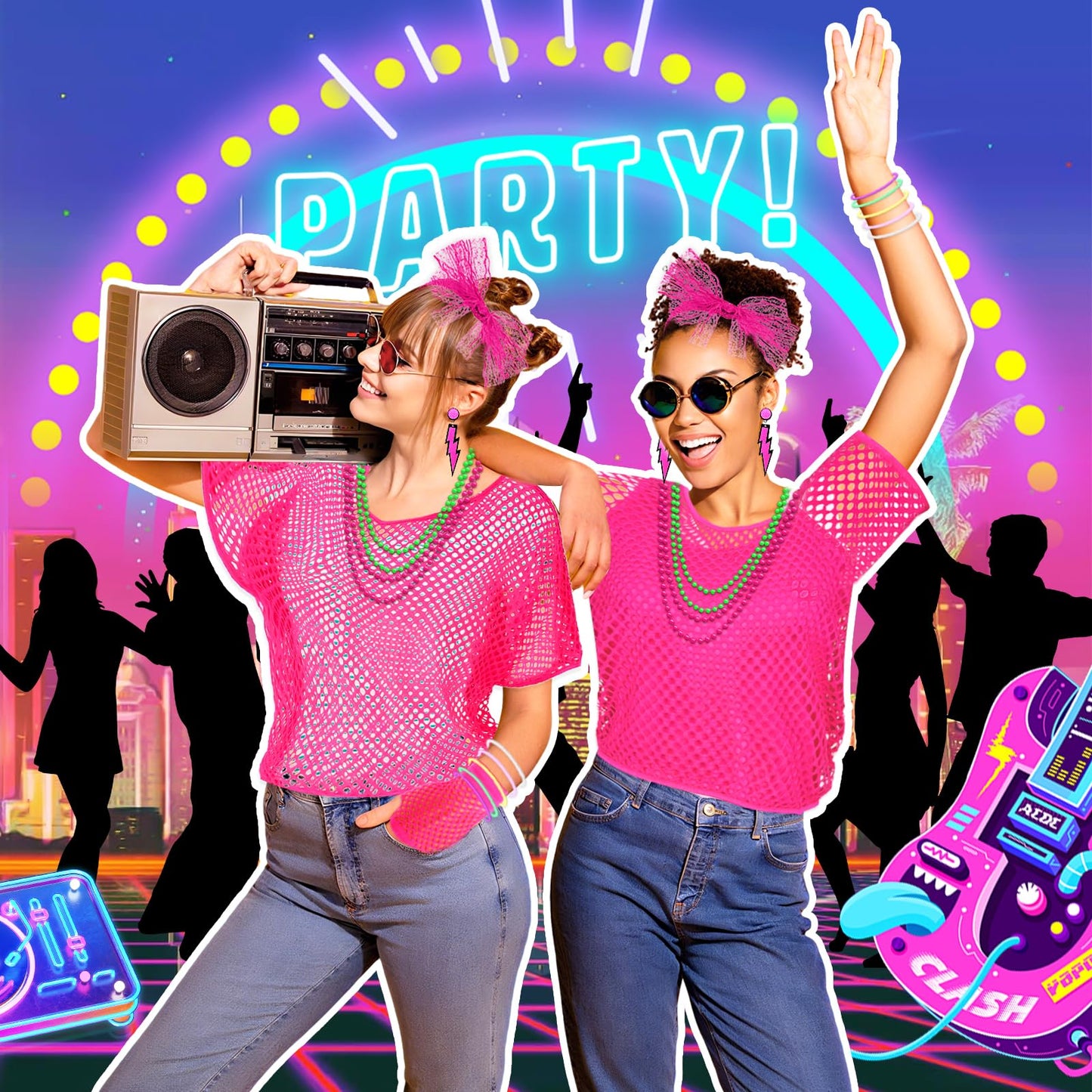 Shepinsky 80s Fancy Dress for Women,1980s Fancy Party Costumes Accessories Set,80s Outfits Neon Mesh T-Shirt,Leg Warmers Fishnet Gloves Headband Earrings Bracelets Necklaces for Retro Party Dress up