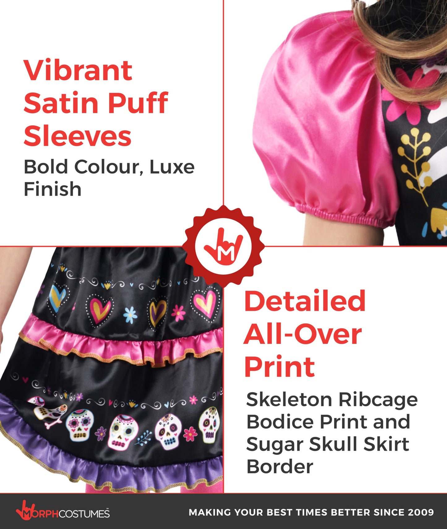 Morph Day Of The Dead Costume For Girls - Sugar Skull Dress Up Outfit For Kids - Halloween Costume Accessory, 7-9 Years