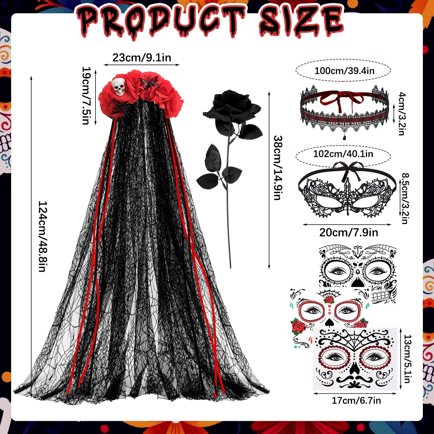 Yotako Day of the Dead Costumes for Women, Day of the Dead Headband Accessories, Veil, Tattoo, Black Rose, Necklace, Lace Eye Mask, Dia de Los Muertos Halloween Fancy Dress Costume Accessories