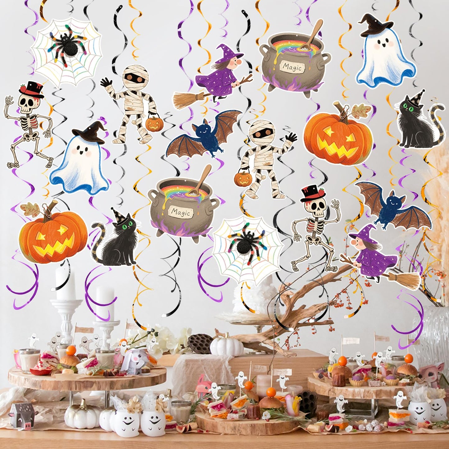 Vsosfiza Halloween Hanging Swirl Set Party Decorations, 48 Pcs,Ghost Pumpkin Skull Cat Witch Party Supplies Sign,Black purple Orange
