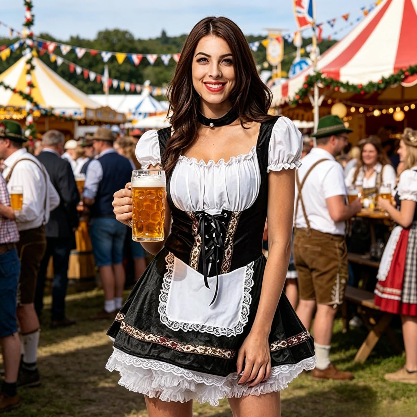 maxToonrain Oktoberfest Outfit Women Puff Sleeve Velvet Bavarian Beer Maid Dress with Foral Embroidery, Lace Trim, Apron & Choker for Halloween, Themed Parties & Beer Festivals (Black, L)