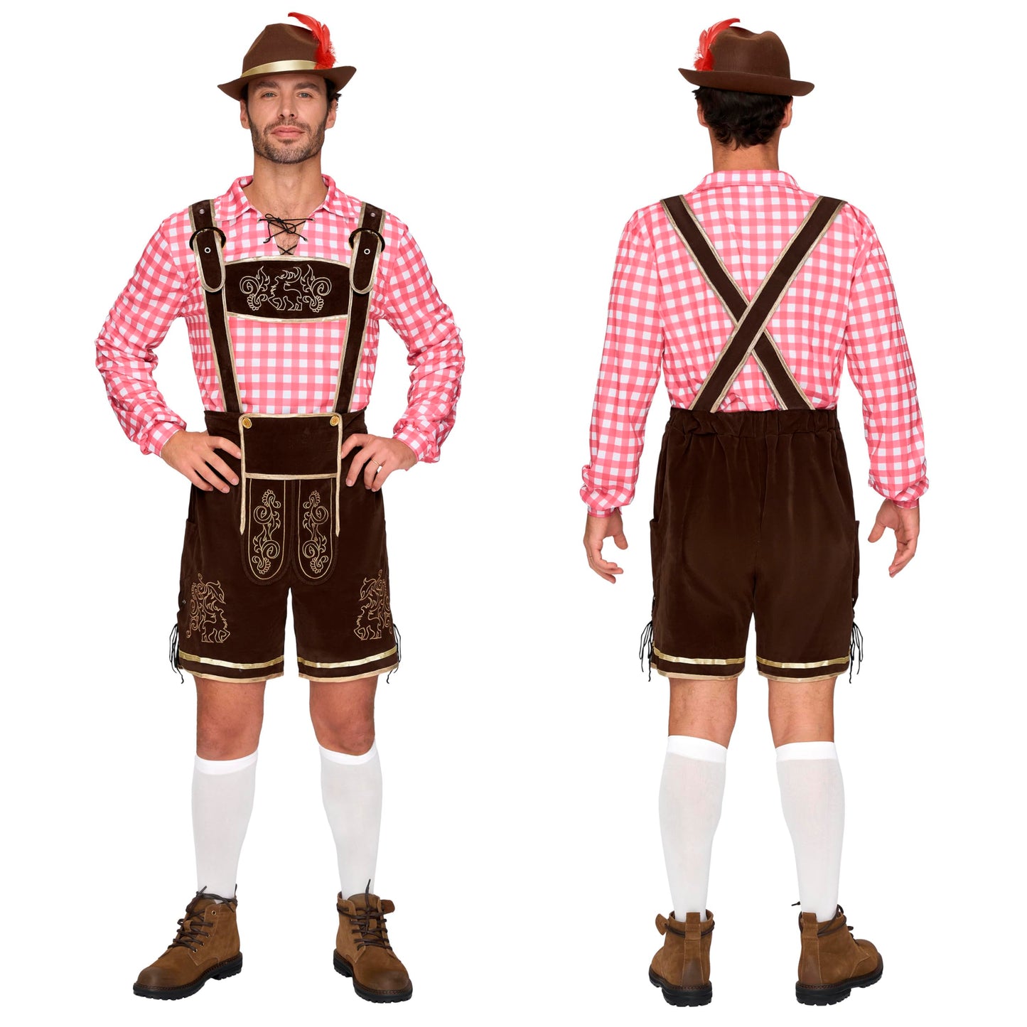 Spooktacular Creations Men’s Red Plaid German Bavarian Oktoberfest Costume Set for Halloween Dress Up Party and Beer Festival L
