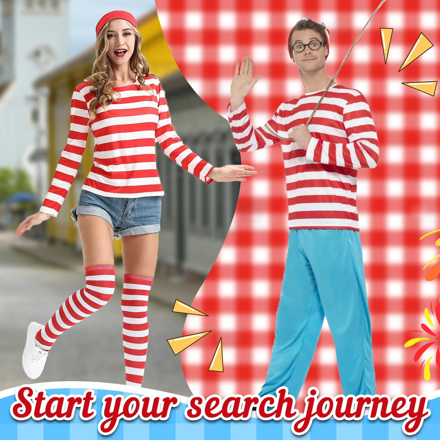 3PCS Men's Wally Costume Set,Cosplay Accessories Set with Red&White Stripe Long Sleeve Top Bobble Hat Black Nerd Glasses,90s Fancy Dress Costume for World Book Day Halloween Dress Up Day (Men, M)