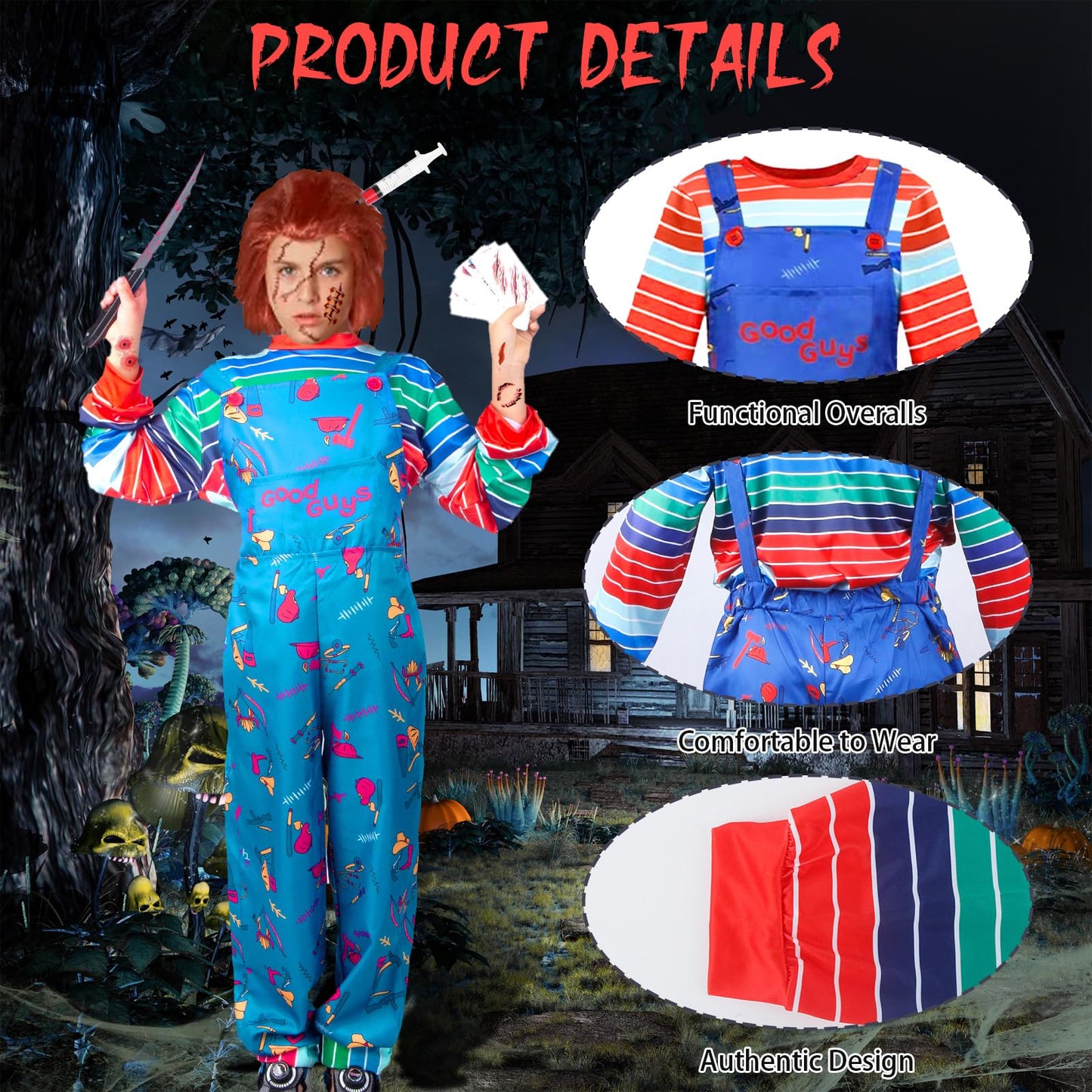 viallolipa Halloween Costume Kids, Creepy Doll Costume for Boys Girls, Killer Doll Movie Character Costume with Simulated Knife Hair Band Tattoo Sticker Props for Cosplay