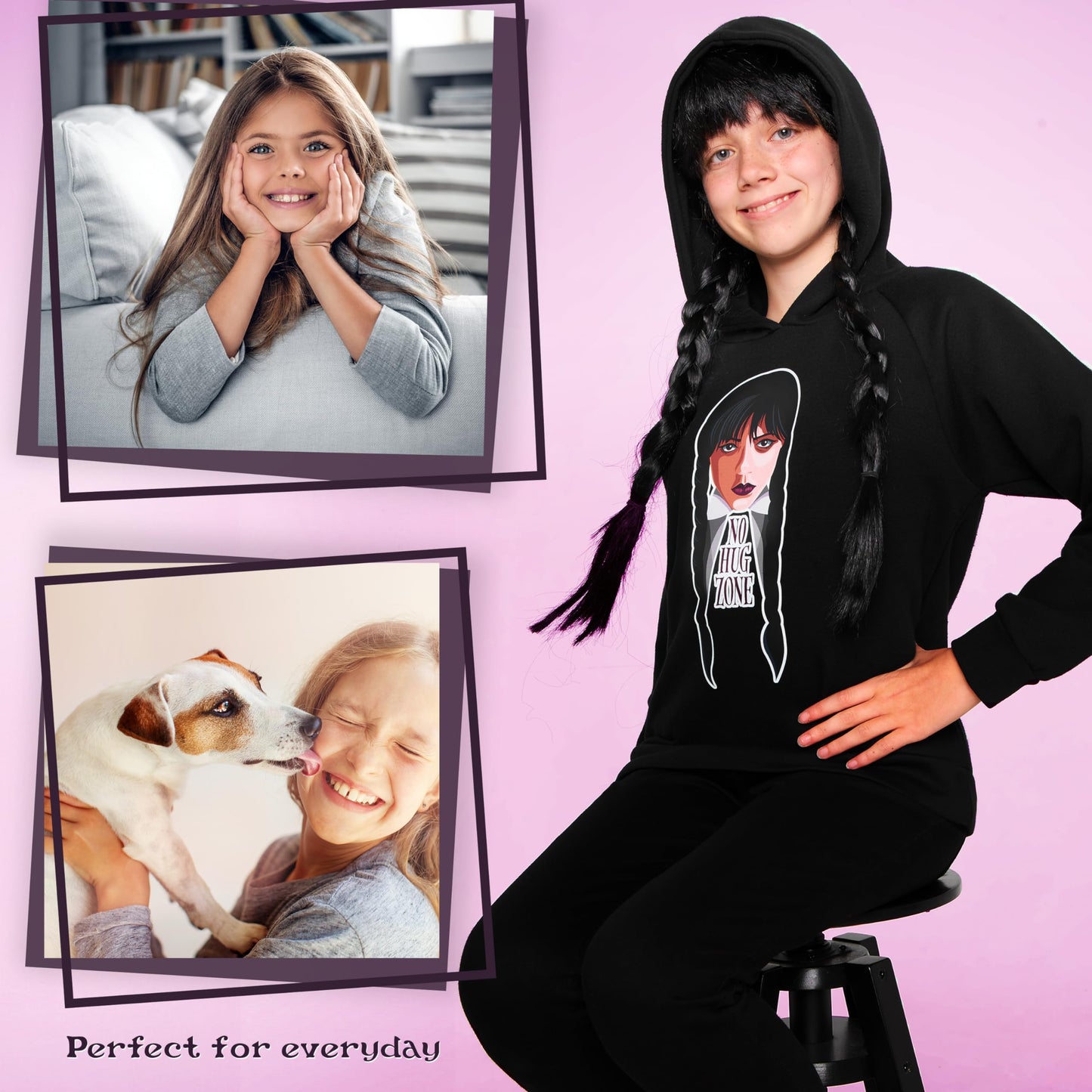 Wednesday Girls Hoodie - Hooded Sweatshirt for Teenagers 7-16 Years Soft Warm Casual Streetwear - Gifts (Black/Hug, 15-16 Years)