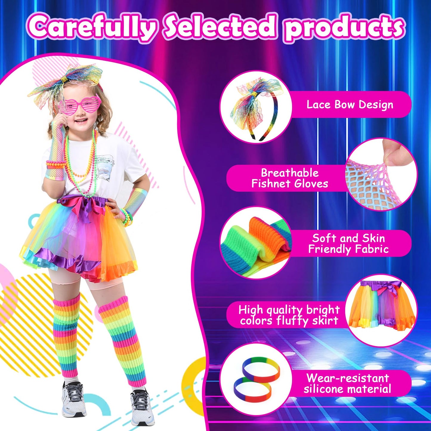 Ballery 80s Fancy Dress for Kids Girls, 1980s Retro Costume Outfits Accessories Set Includes Tutu Skirt Necklace Leg Warmers Gloves Earrings Lace Headband Glasses Bracelets Hair Ties
