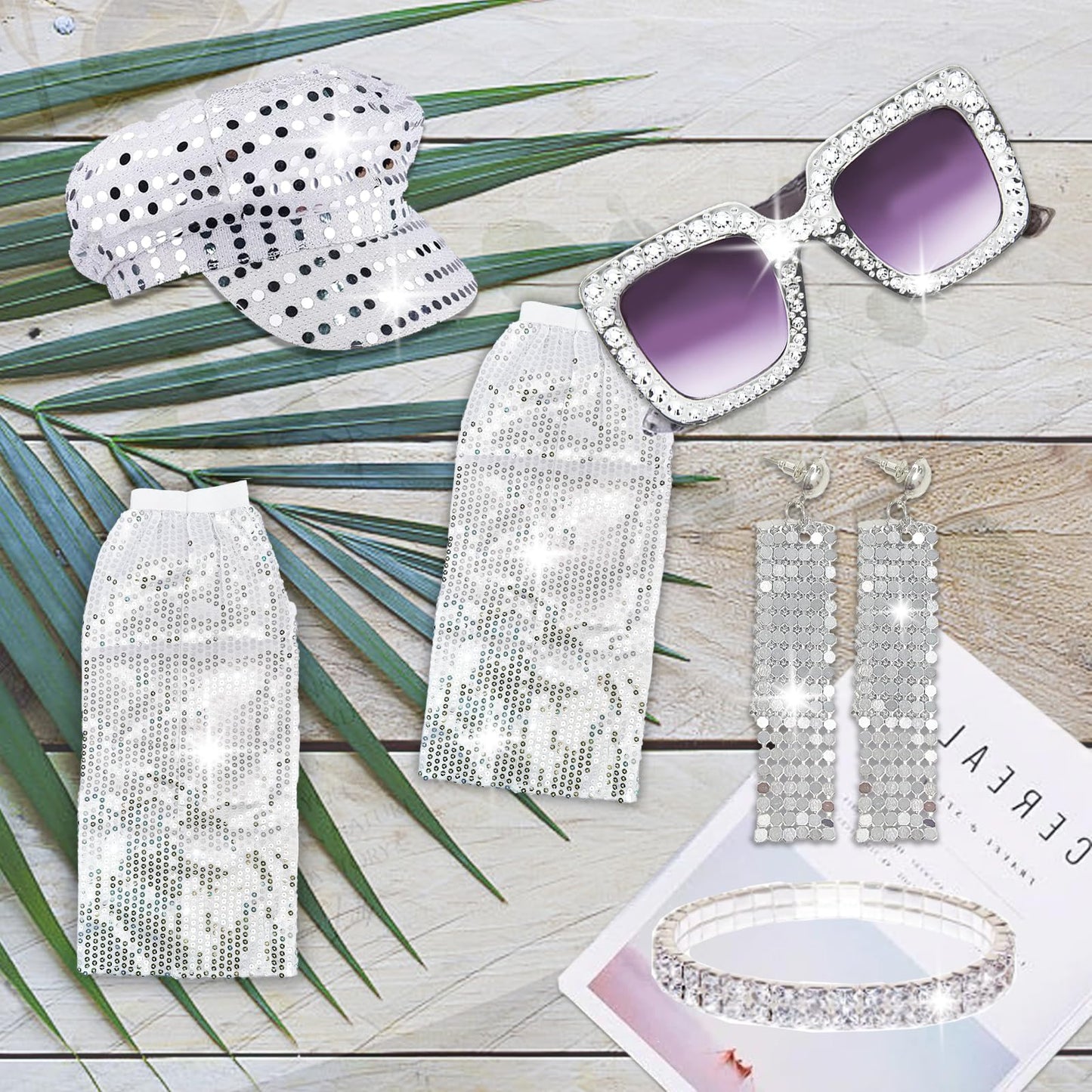 Xerteam 6Pcs 70s Disco Accessories, 70s Fancy Dress Women Accessories, Sequin Hat Frame Bling Sunglasses Earrings Leg Warmers, Disco Costume Set for Women Retro 70 Theme Party Hippie Costume (Silver)