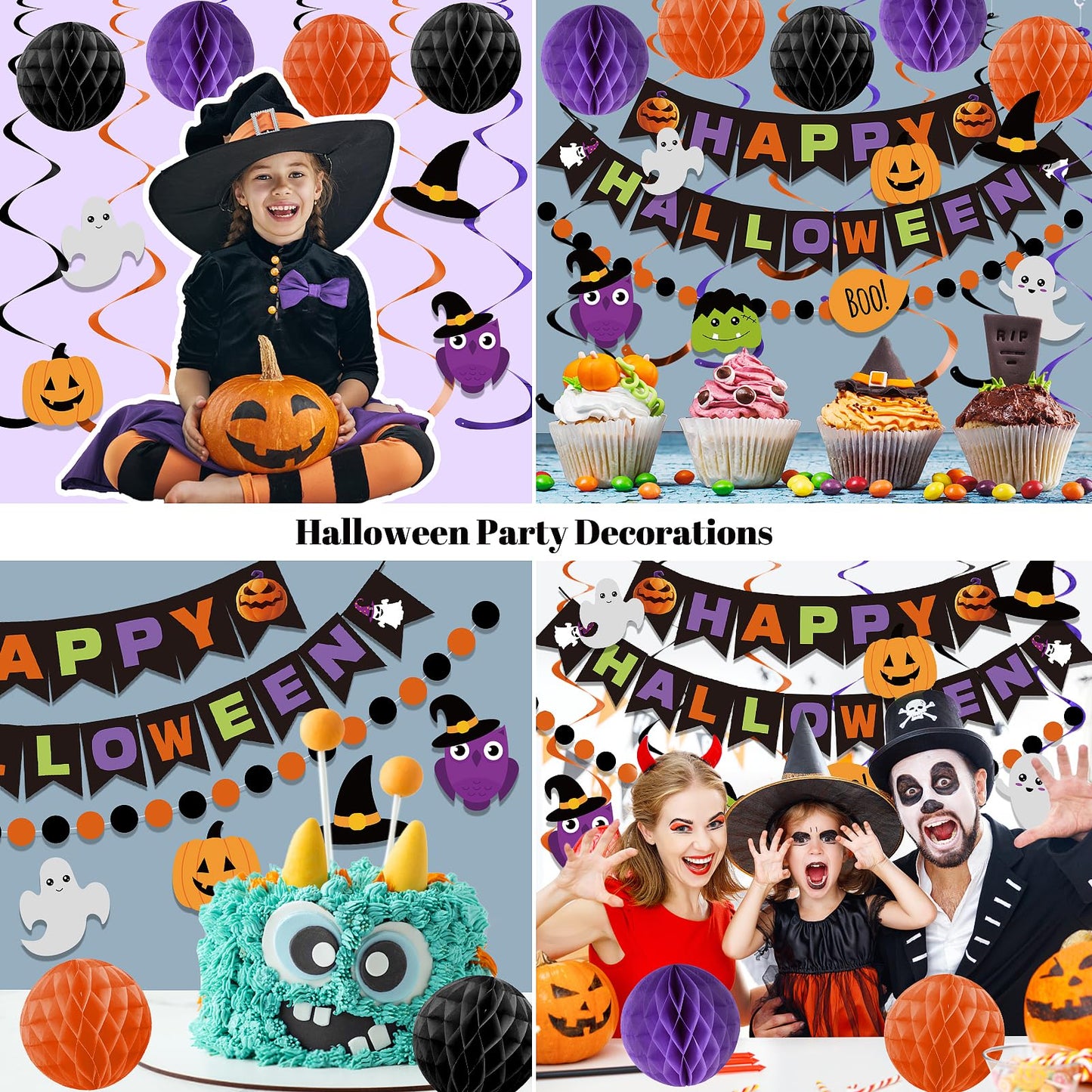 Happy Halloween Banner Decorations - Honeycomb Ball & Swirl Streamer Circle Dot Garland