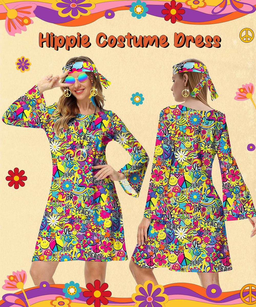 70s Fancy Dress Women - Hippie Costume Dress with Boho Headband Bag (image 4)