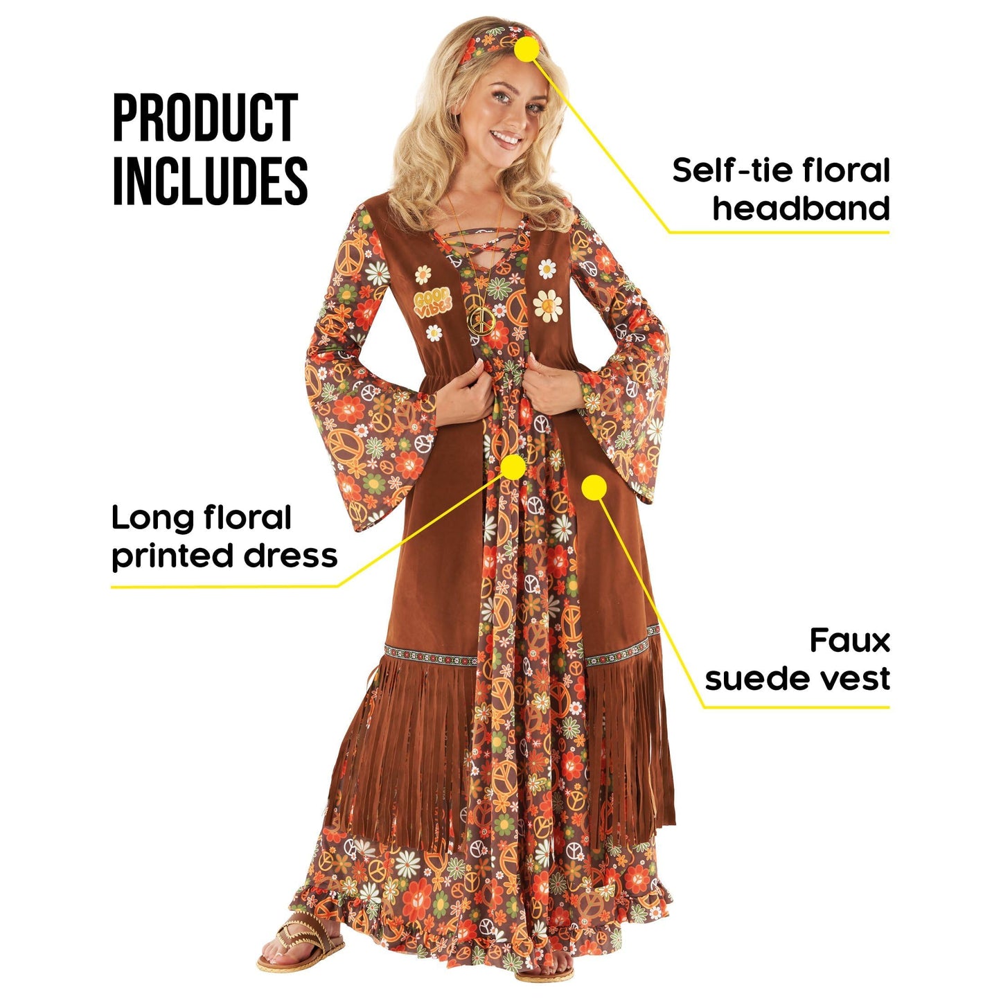 Morph Hippie Costume Women 70s Fancy Dress, 60s Outfits, Retro Halloween Costume, Vintage Party Attire for Women, Medium